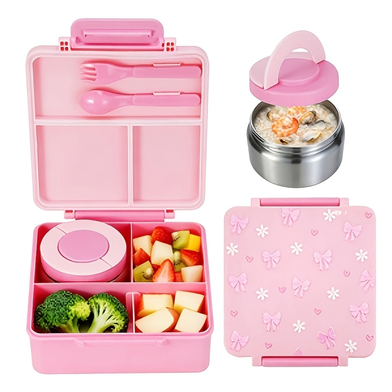 TEMU Pink Bow Pattern Bento Lunch Box With Stainless Steel Soup Container, 4 Compartments Leakproof Food Container With Spoon And Fork, Portable Meal