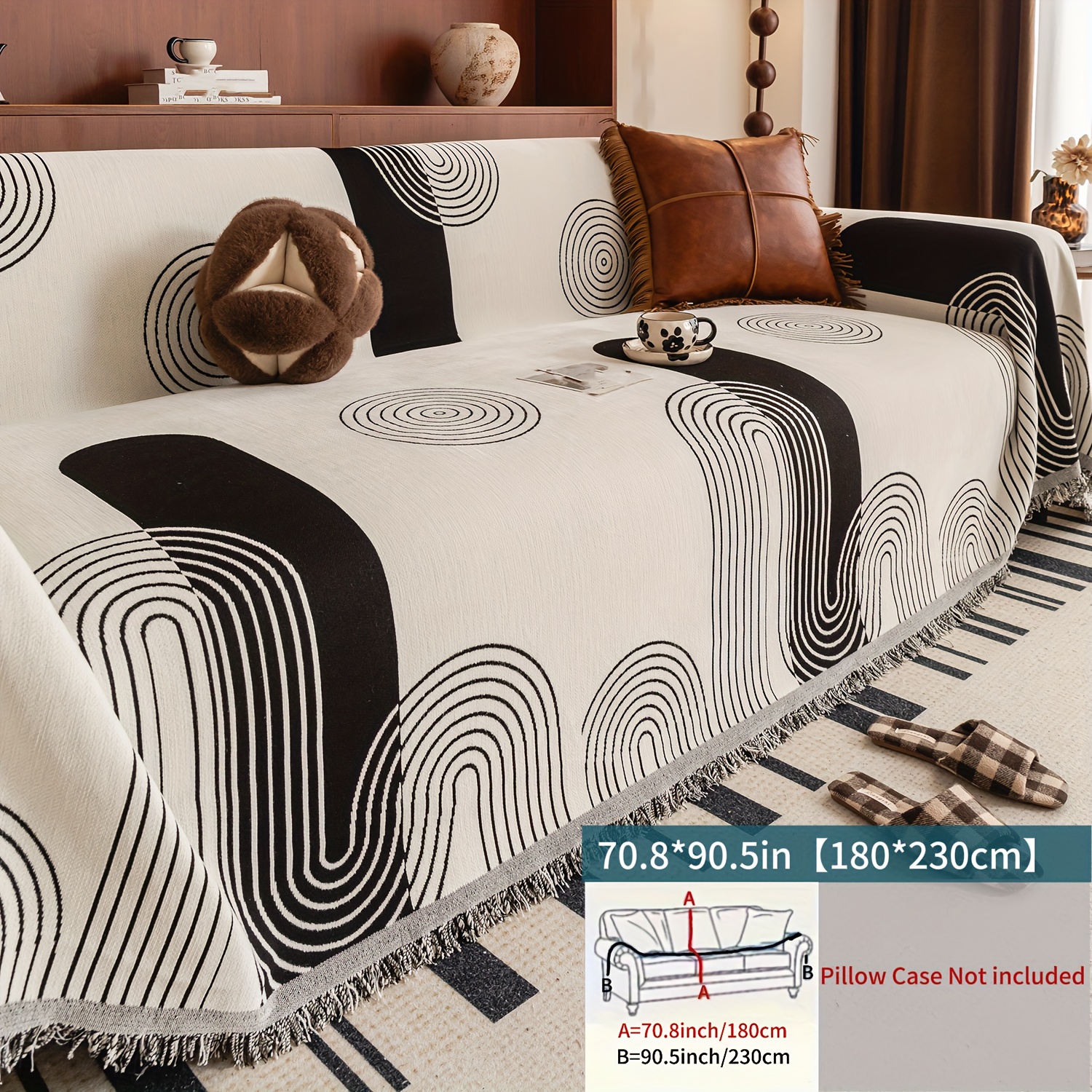 TEMU Jit1pcs Of Stylish Chenille Sofa Cover - Suitable For , Modern Sofa Cover Blanket, Pet-friendly, With Tassel Decoration, Linear Design, Suitable