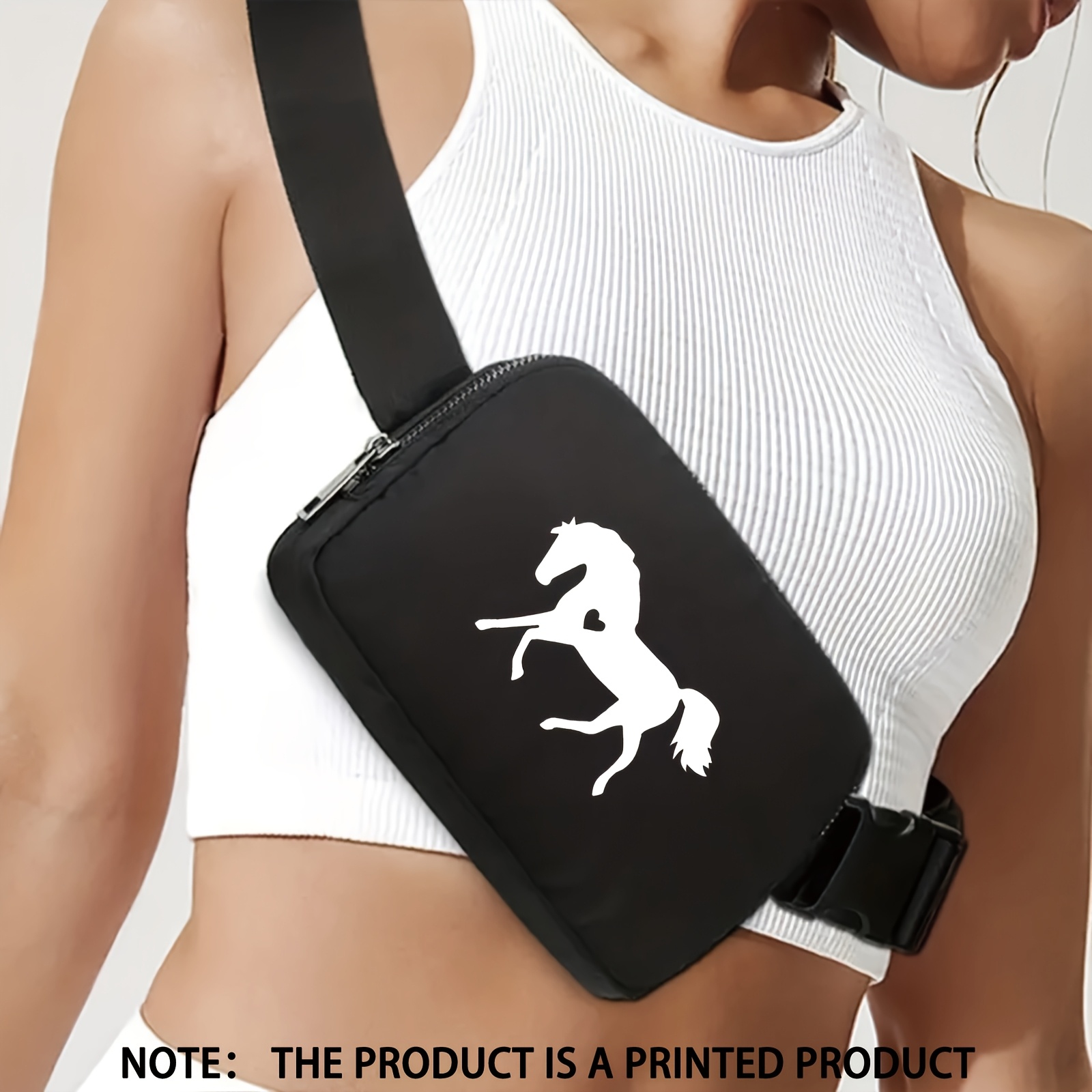 1pc black casual crossbody waist bag with adjustable strap high quality lightweight design white horse print durable polyester for outdoor travel hiking gym travel accessory horse print bag lightweight bag hiking accessories