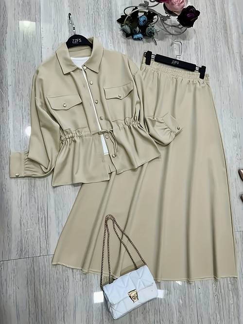 item picture spring autumn womens fashionable elegant drawstring waist design collared top with double pockets and elastic waist skirt set