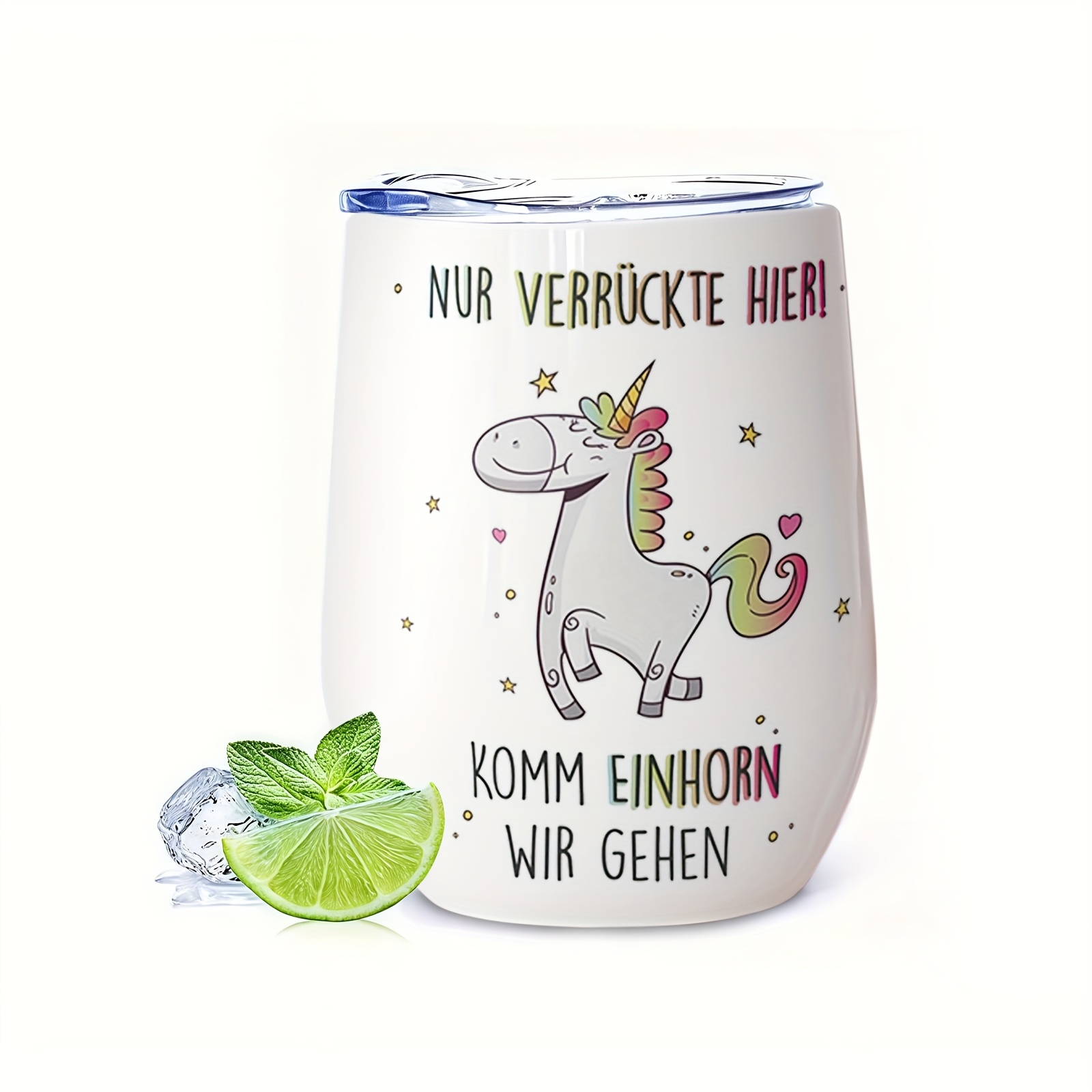 Image of 1pc 12oz Stainless Steel Insulated Tumbler/ Cup With German Unicorn Text Print, Cute Style Pattern, Water Bottle, Coffee Cup With Spill-proof Lid, Stainless Steel Material, Suitable For Occasions