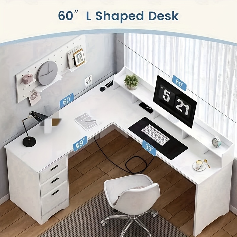 

White L Shaped Desk With Drawers Shelves, Large Corner Computer Desk With Power Outlet And Hutch, 60 Inch With Storage For Home Office