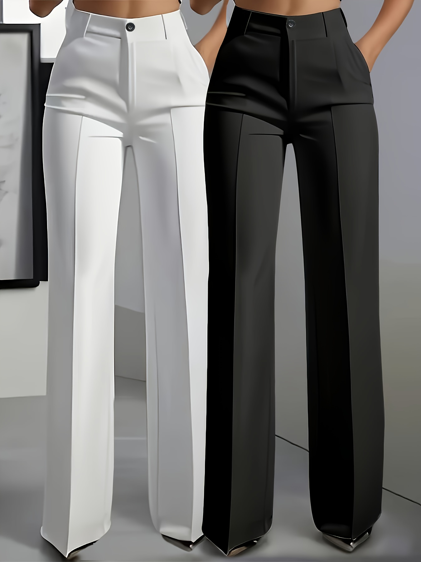 Women'S Elegant Solid Color Straight-Leg Pants with Side Pockets (Set of 2)