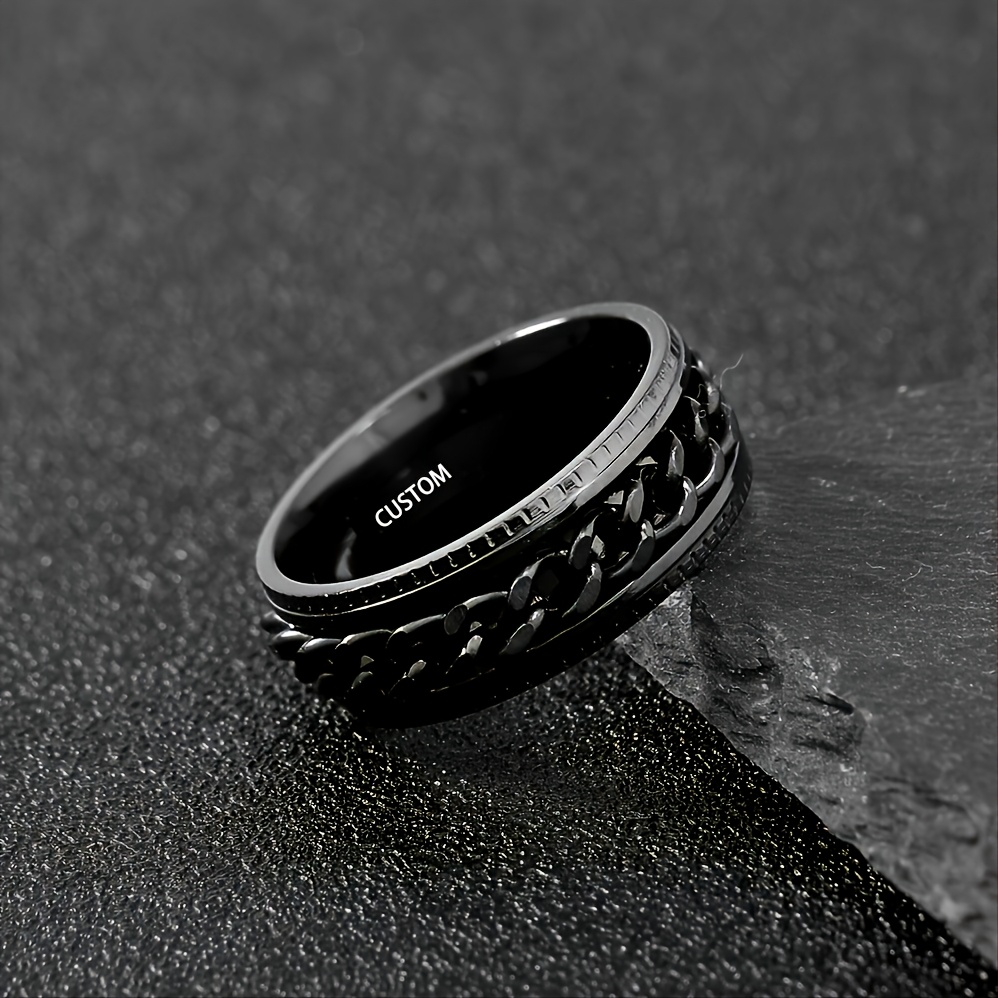 custom engraved black stainless steel ring 8mm wide rotating chain design personalized name date option durable stylish for men valentines day anniversaries casual attire anniversary jewelry   ring design quality   without battery Product details 6