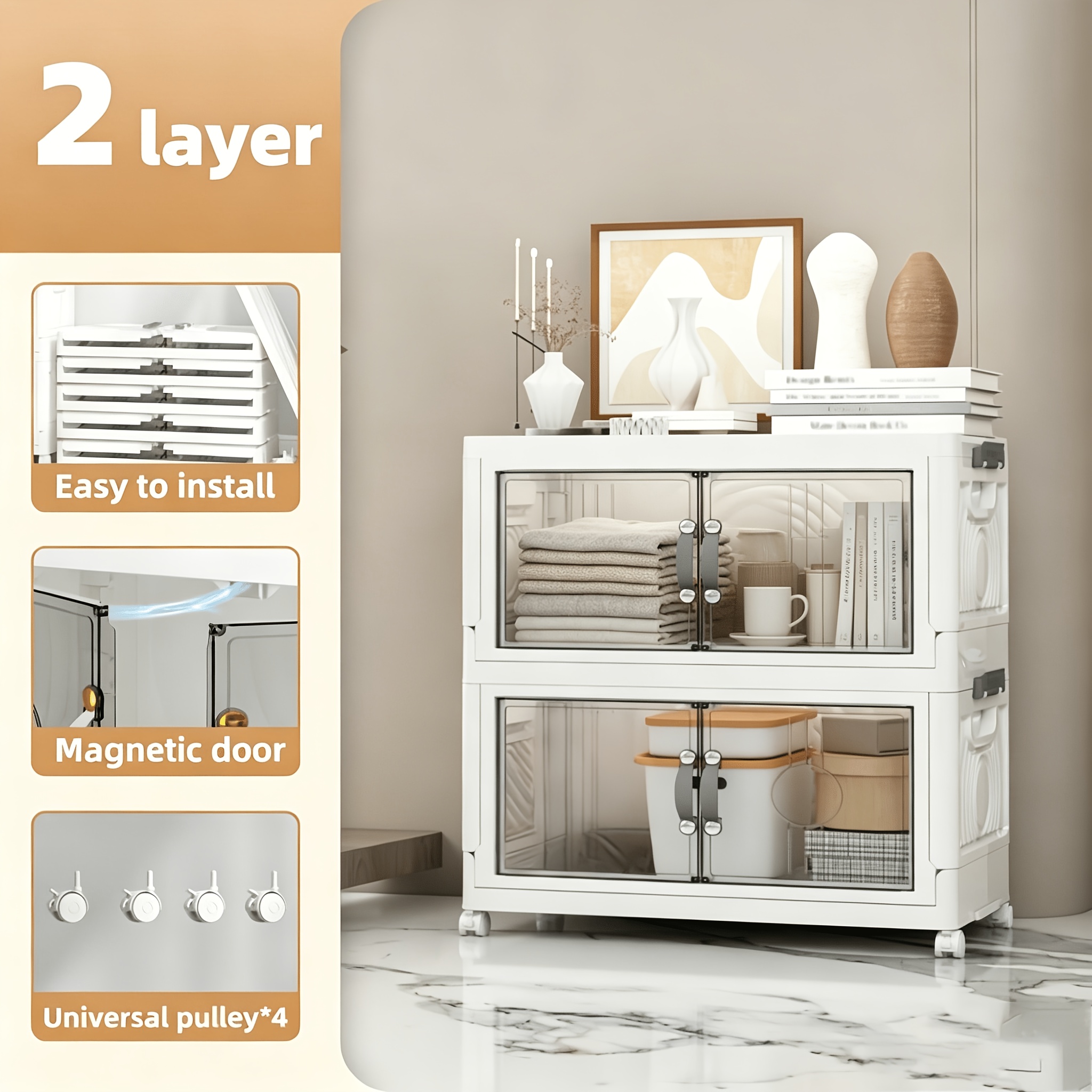 TEMU 2/3/4/5 Tier Lidded Plastic Storage Bins, Collapsible Storage Box With Doors And Wheels, Stackable Shoes Sundries Books Clothing Home Organizer,