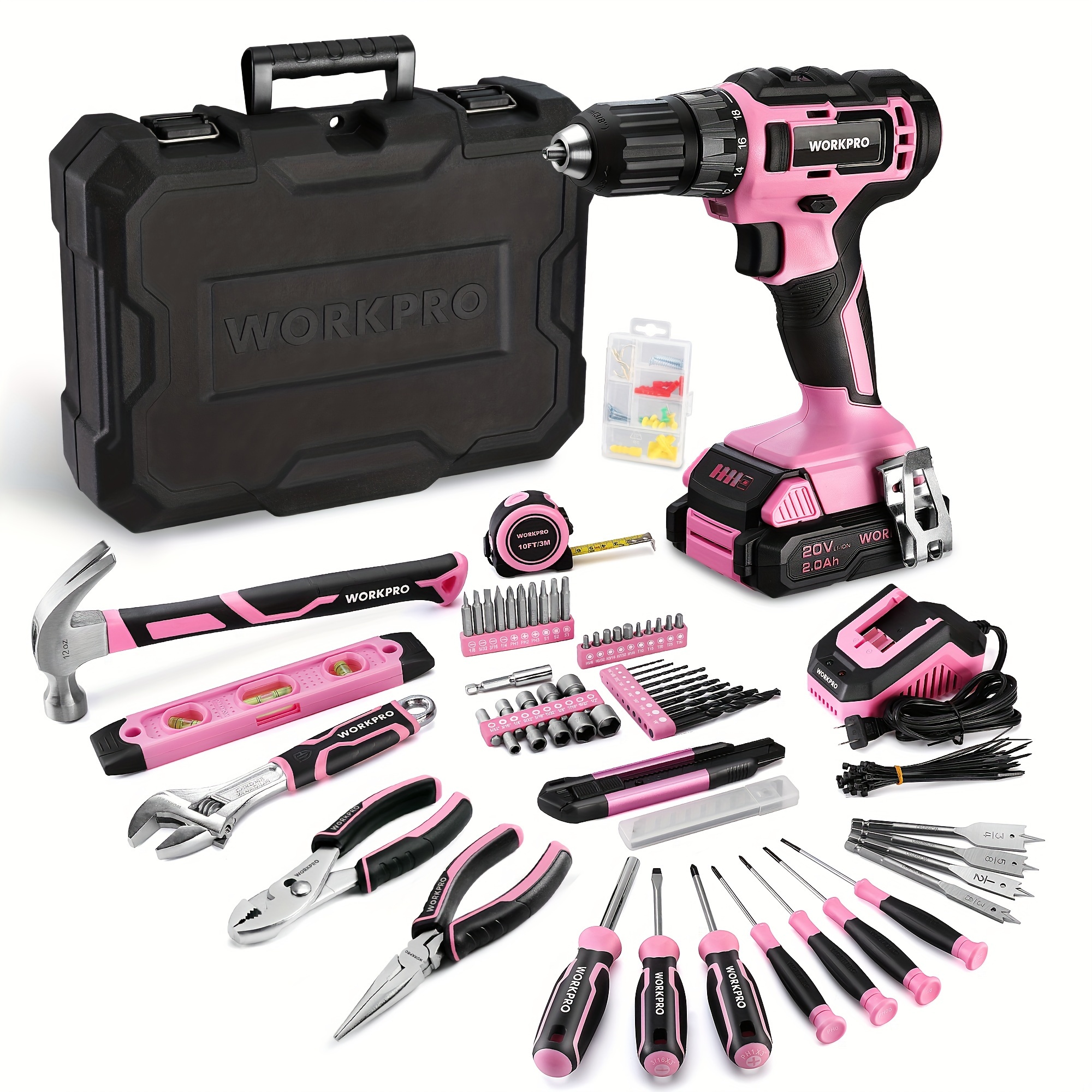 

Workpro 20v Pink Cordless Drill Driver And Home Tool Set, 141pcs Hand Tool Kit For Diy, Home Maintenance, 2.0 Ah Li-ion Battery, 1 Hour Fast Charger, And Tool Box Included -