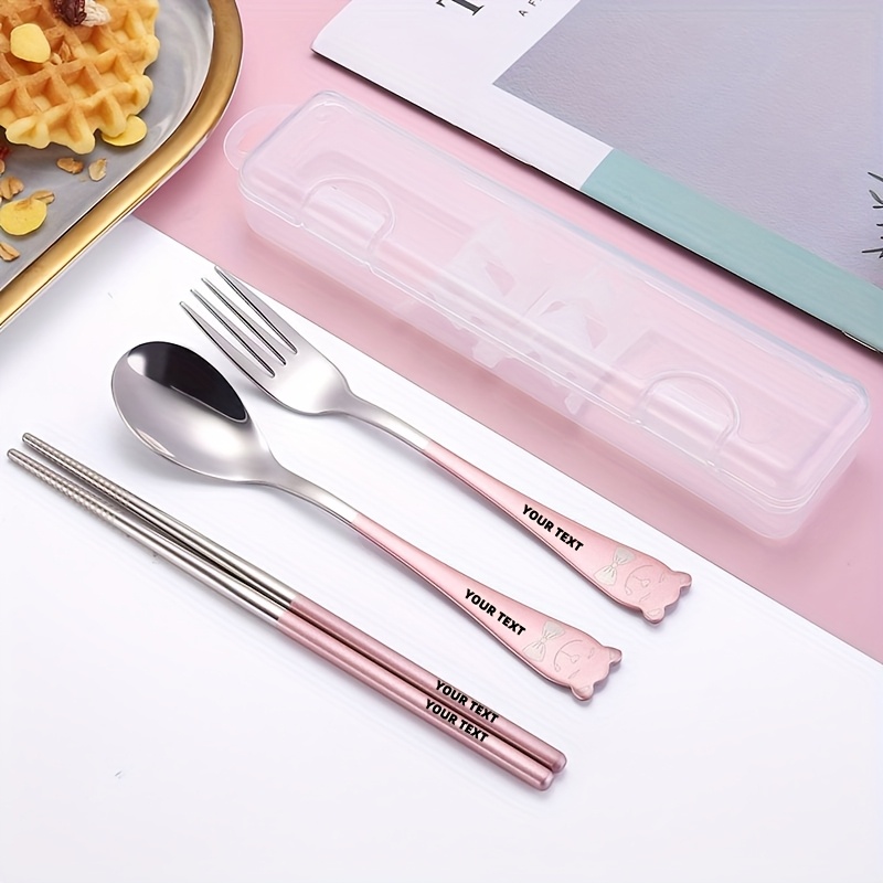 TEMU Personalized Customization, 304 Stainless Steel Portable Tableware Set, Spoon Fork Chopstick Set, Heart Cartoon Student Outdoor Spoon Chopstick