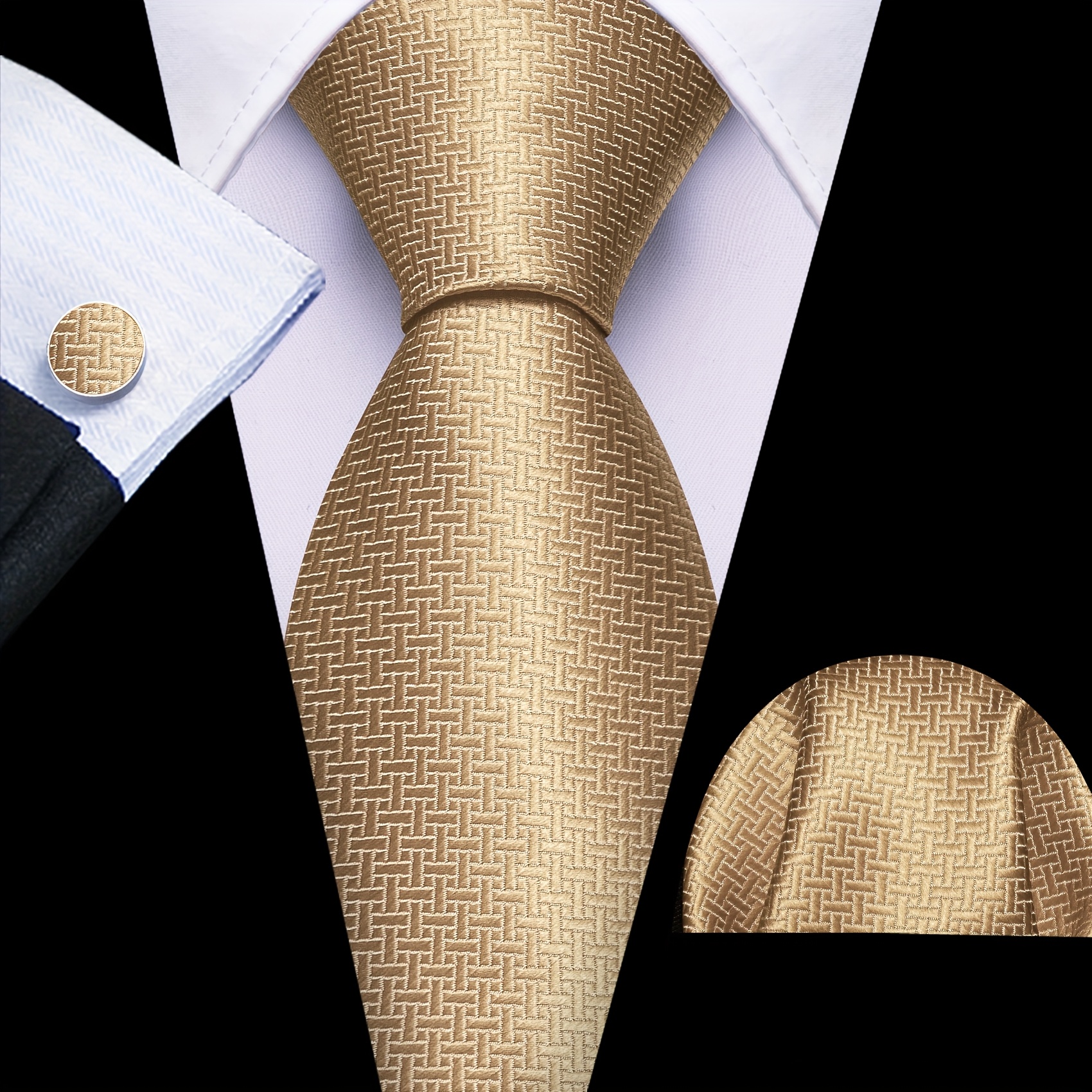 Image of Mens Classic Fashion Tie Light Brown Geometric Ties And Handkerchief Square Set Business Event Wedding Party Essential For Festivals