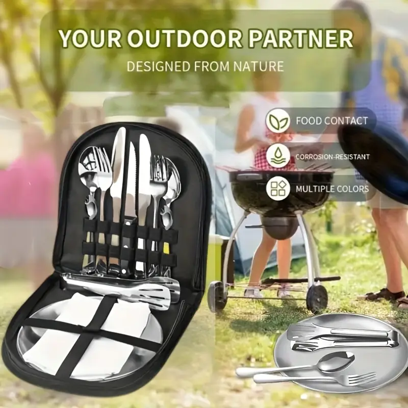 outdoor camping tableware set with box 16pcs stainless steel utensils including dinner knife forks plates soup spoon bottle opener coffee spoon tongs and storage bag reusable and dishwasher safe suitable for outdoor travel picnic camping party meals etc Product details 4