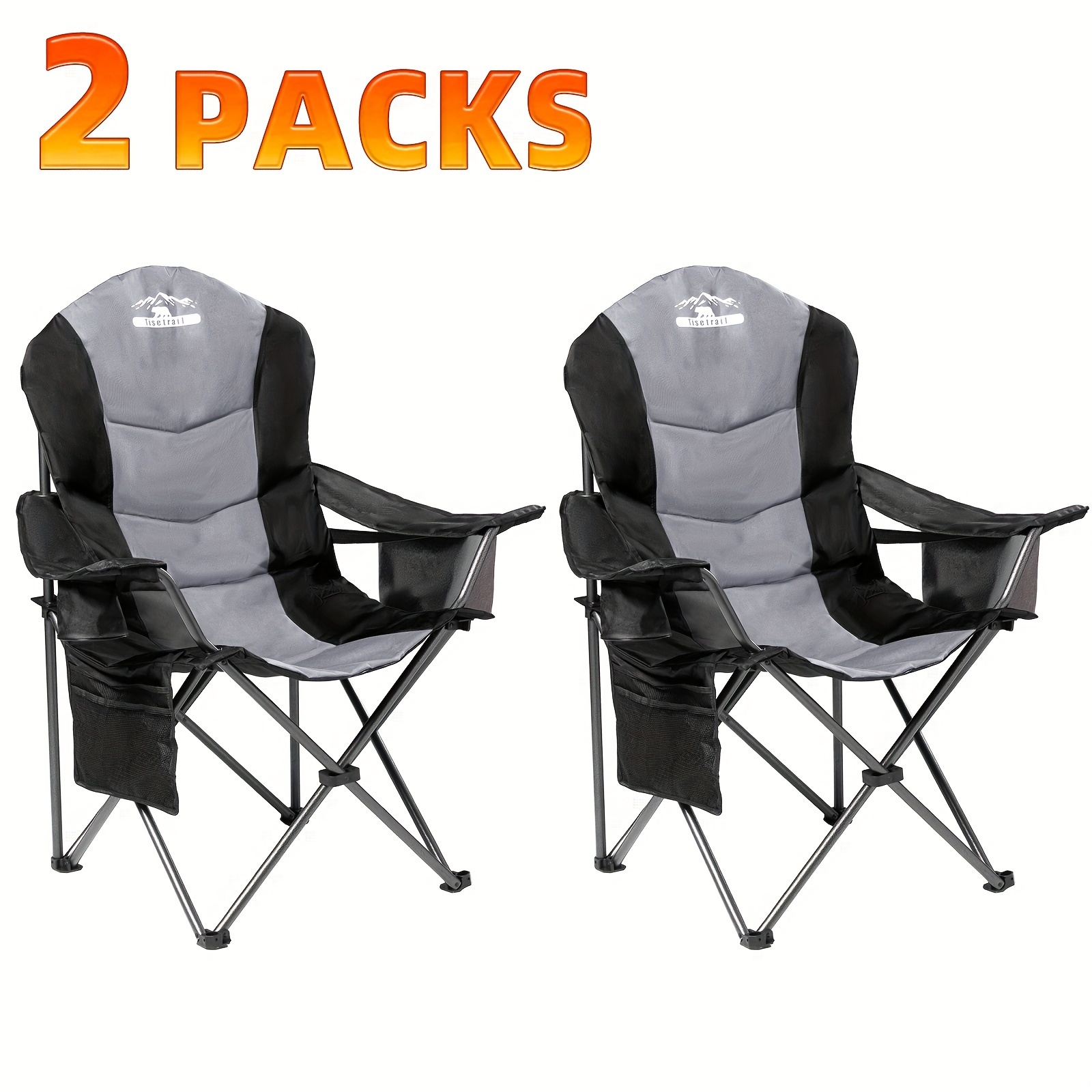 

Tisetrail 2 Pack Folding Camping Chairs For Adults High Back Padded Lawn Chairs Portable Outdoor Camp Chair, 400 Pound Capacity, Black & Gray