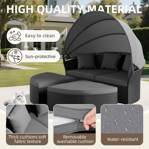 outdoor patio round daybed with retractable canopy clamshell sectional seating wicker furniture with washable cushions for backyard lawn poolside garden and outdoor black