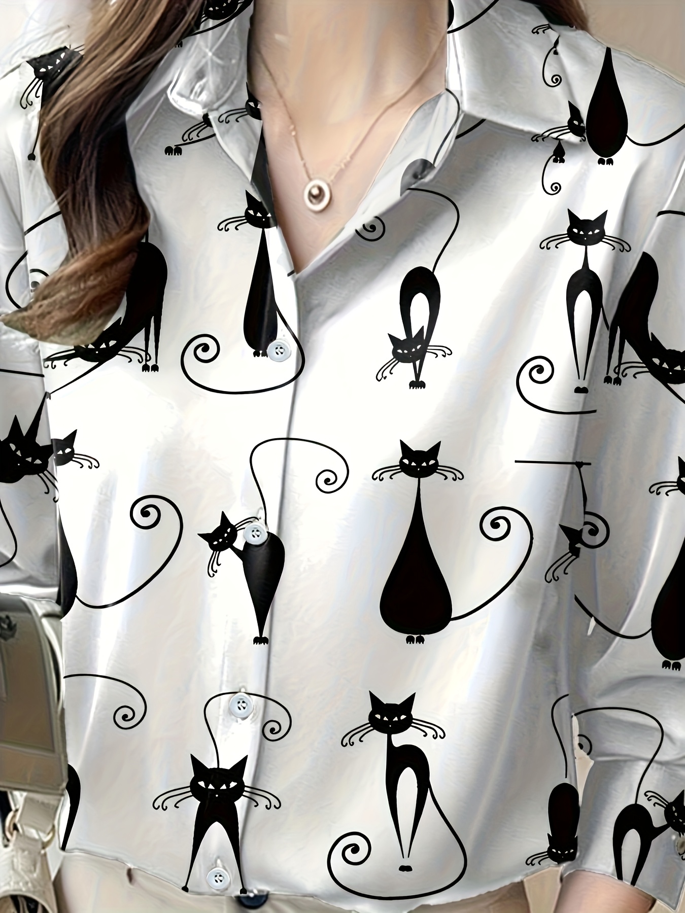 elegant black cat print womens blouse long sleeve button Temu