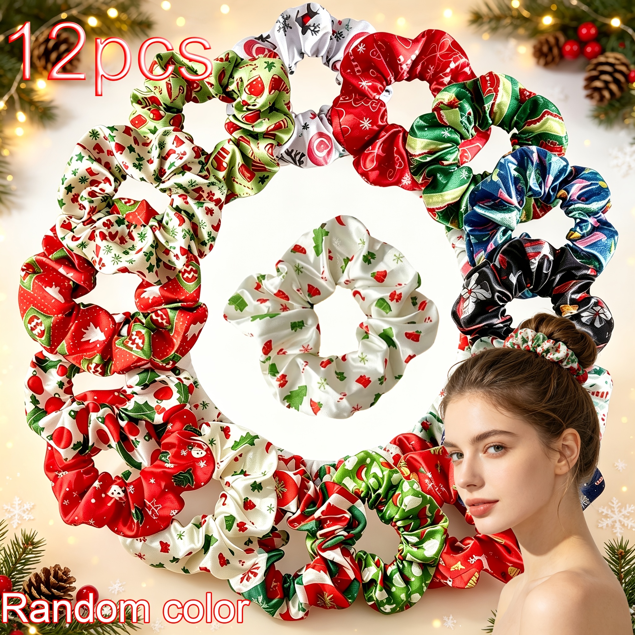 TEMU 12pcs Christmas Fashion Printed Random Satin Scrunchies, High Elasticity, Sturdy, Durable, Lightweight, Breathable, Soft, And Comfortable,