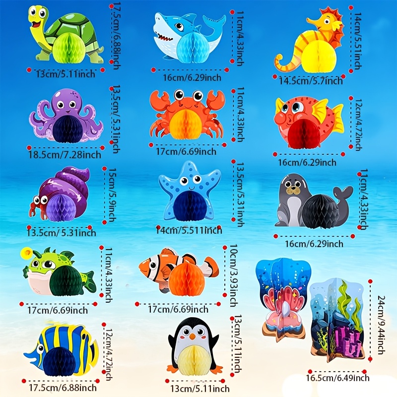 TEMU 15 Stück - Ozean Aquarium Fisch Schildkröte Seepferdchen Hai und Oktopus 3D Wabenpapier Dekorative Tischdekoration Geburtstagsparty Dekoration
