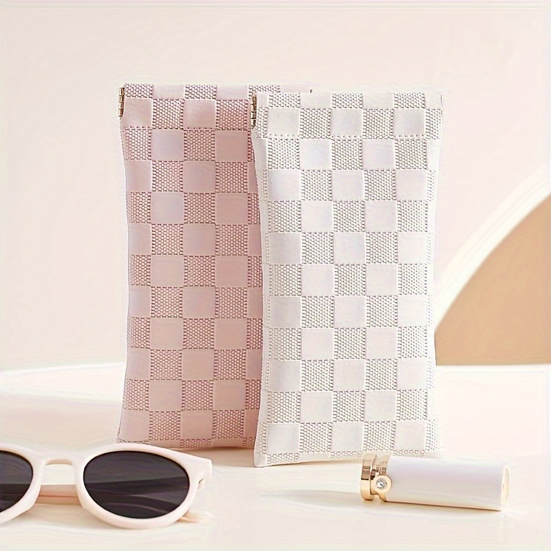 

Chic Checkered Automatic Sealing Storage Pouch, Pu Bag For Earphone, Lipstick, Coins, Portable Mini Makeup Organizer, Versatile Eyeglasses/sunglasses Case