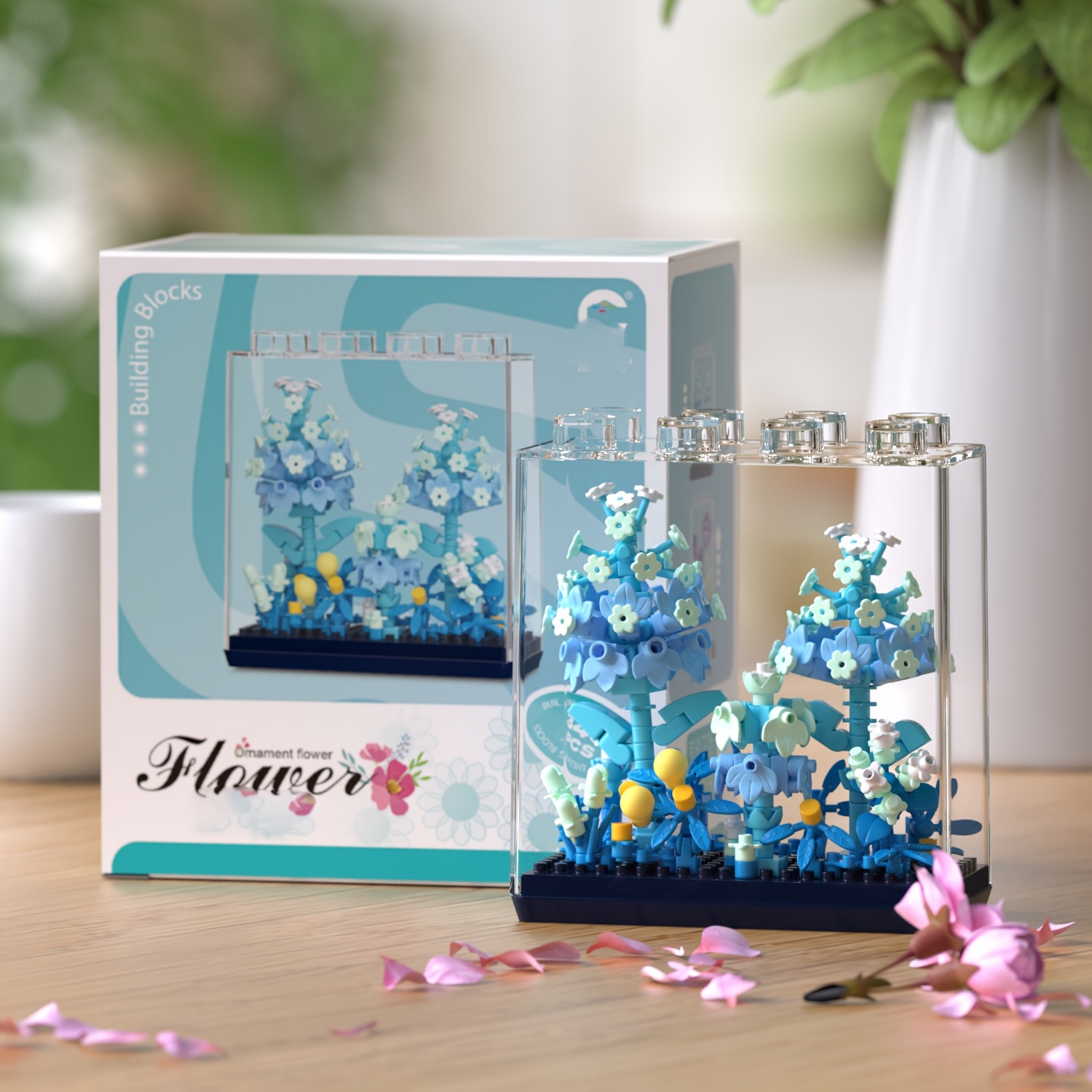 Stackable Dustproof Box with Floral Rose Micro Particle Building Blocks