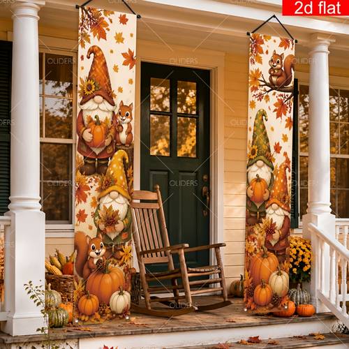 item picture 2d flat 2d flat 2d flat 2d flat 2d flat banner 2pcs front porch sign banner polyester goblin squirrel maple leaf pine cone hole autumn thanksgiving atmosphere porch decoration