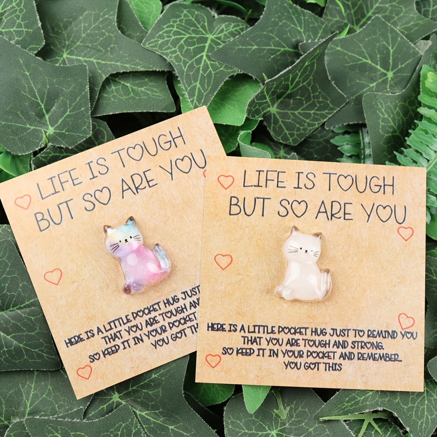 

2-pack Resin Cat Pocket Hugs With Encouragement Cards - Cute Motivational Keepsake For Strength And Support, No Power Needed, Birthday & All