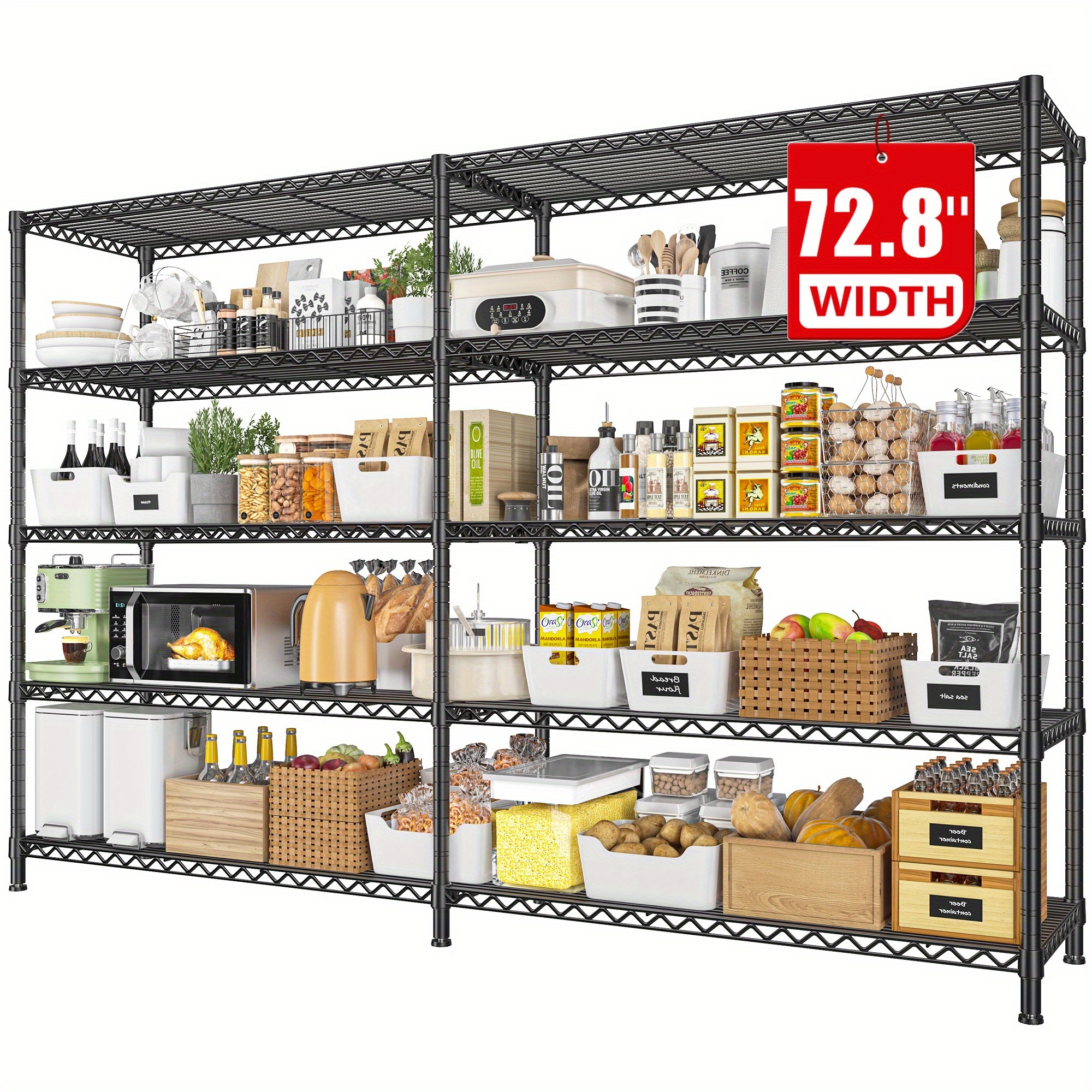TEMU Reibii 72.8" Shelves Load 1600lbs, 5 Tier Metal Shelving Unit Wire Shelving For Storage Rack Heavy Duty Metal Shelves For Garage Pantry Kitchen,