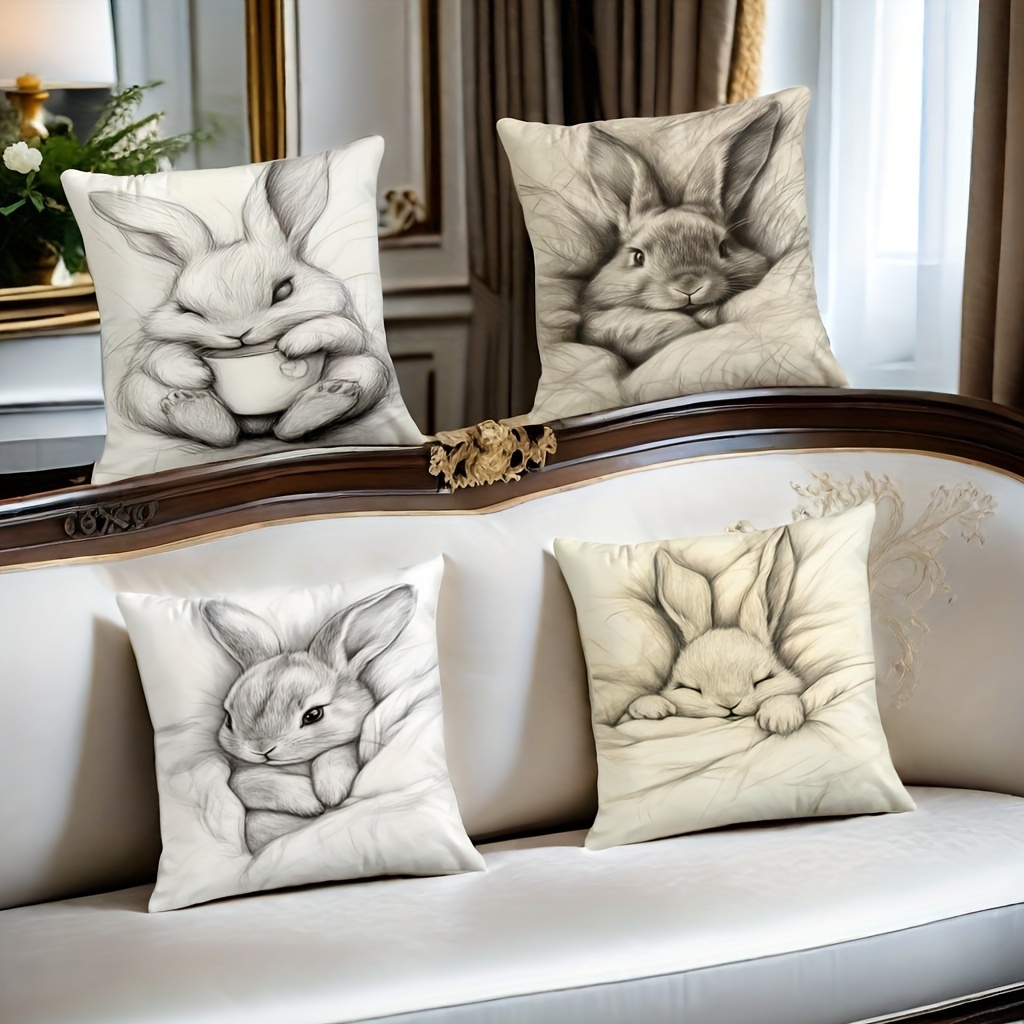 

4pcs Adorable Hand-painted Bunny Plush Pillow Covers, Soft Polyester, Zip Closure - Ideal For Easter, Home Bedroom & Office Decor | Machine Washable, No Insert Included, Bunny Accessories