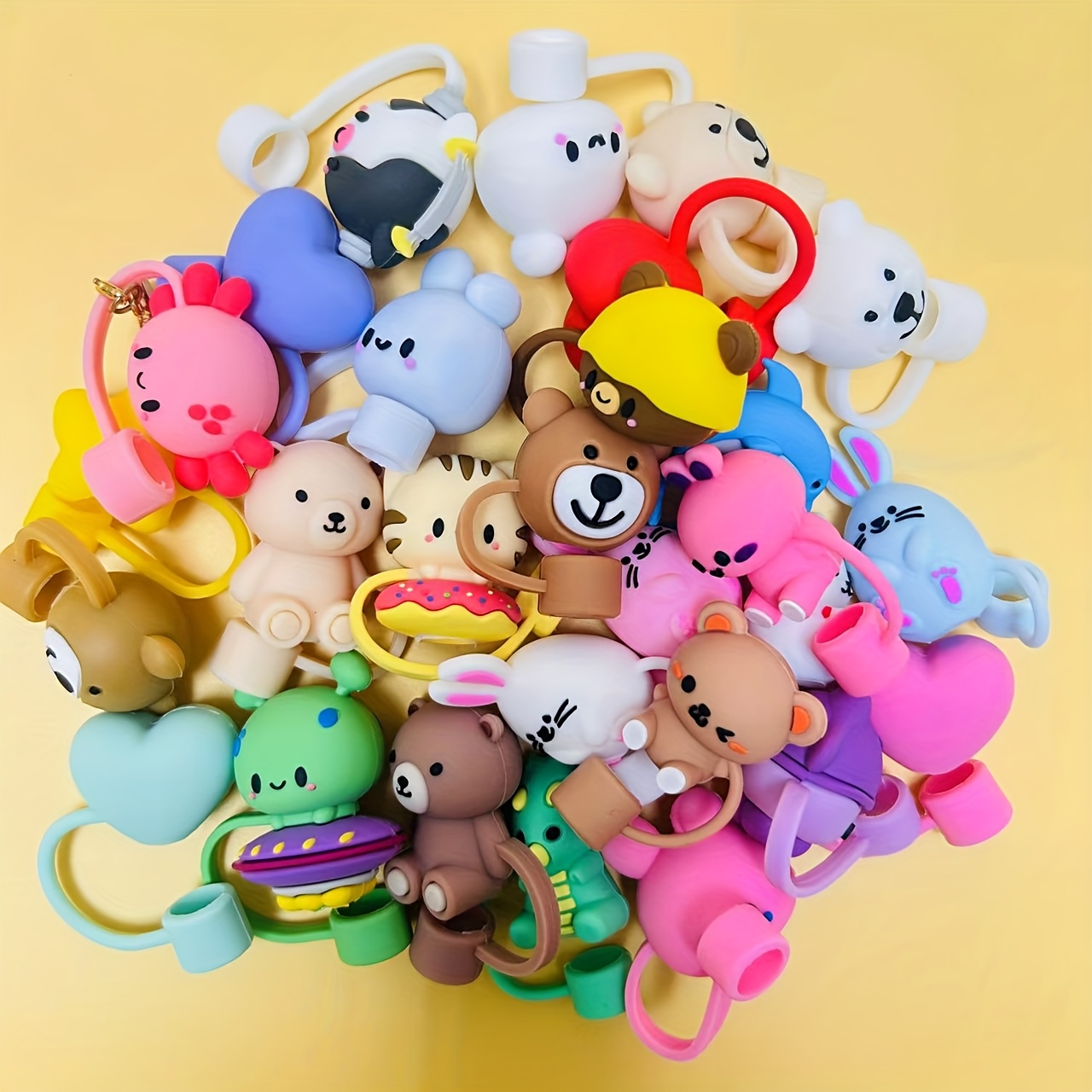 Image of 12pcs Cute Cartoon Silicone Straw Covers - Vibrant Colors & Fun Designs (flowers, , Bow Tie) - Fits 10mm Straws, Birthday Parties, Celebrations & Everyday Use