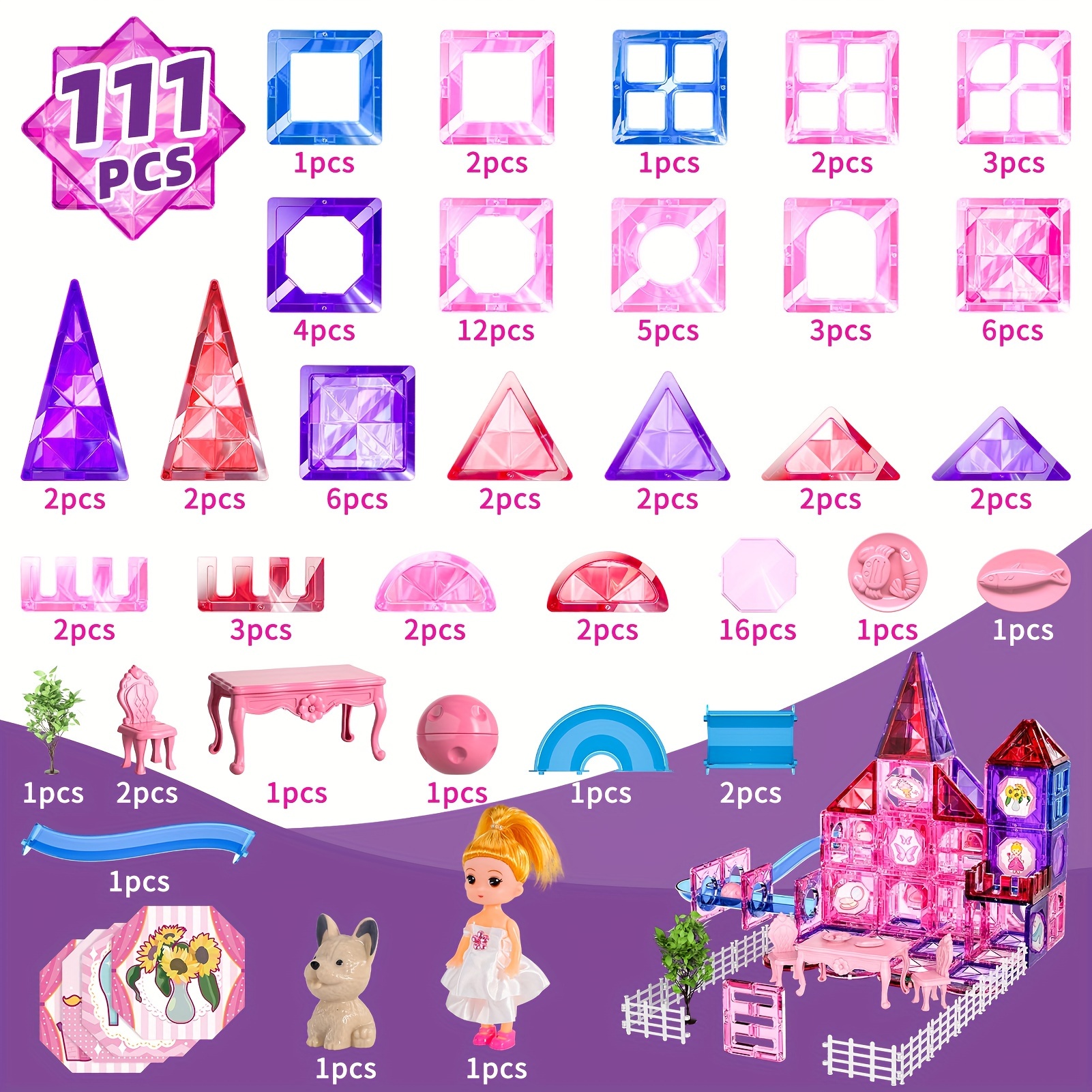 TEMU 111pcs Magnetic Building Tiles With Dolls Toys For Girls, Toys For 3 4 5 Year Old Girls Kids