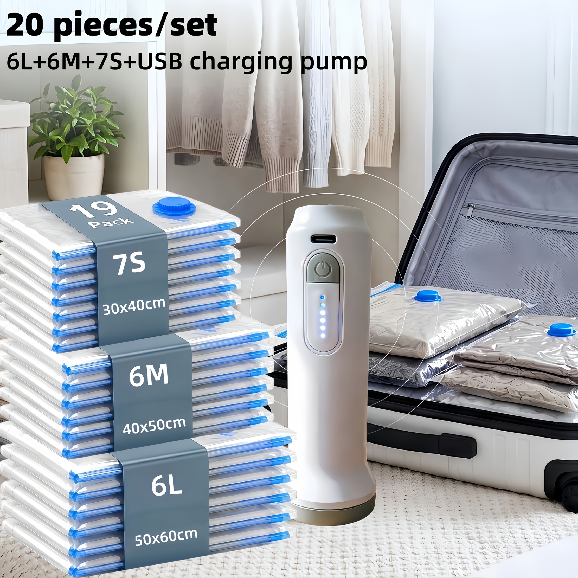 TEMU Set da 20 pezzi - misure, Sacchetti sottovuoto + Pompa elettrica ad aria USB con cavo di ricarica, Batteria a lunga da 1500mAh, Portatile ed