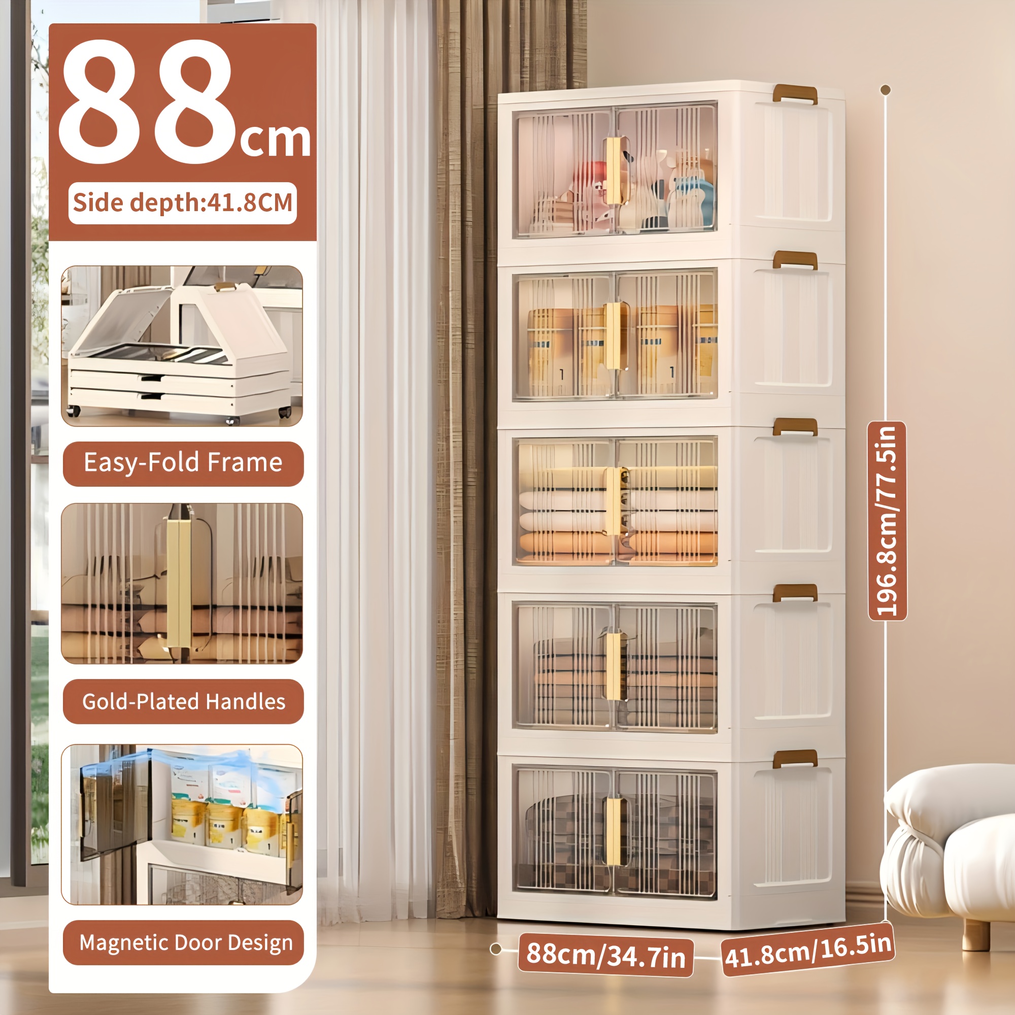 1/3/4/5-tier 88cm Ultra-large Foldable Storage Cabinet With Lids, Oversized Plastic Organizer On Wheels, Stackable For Closet, Bedroom, Office, Kitchen