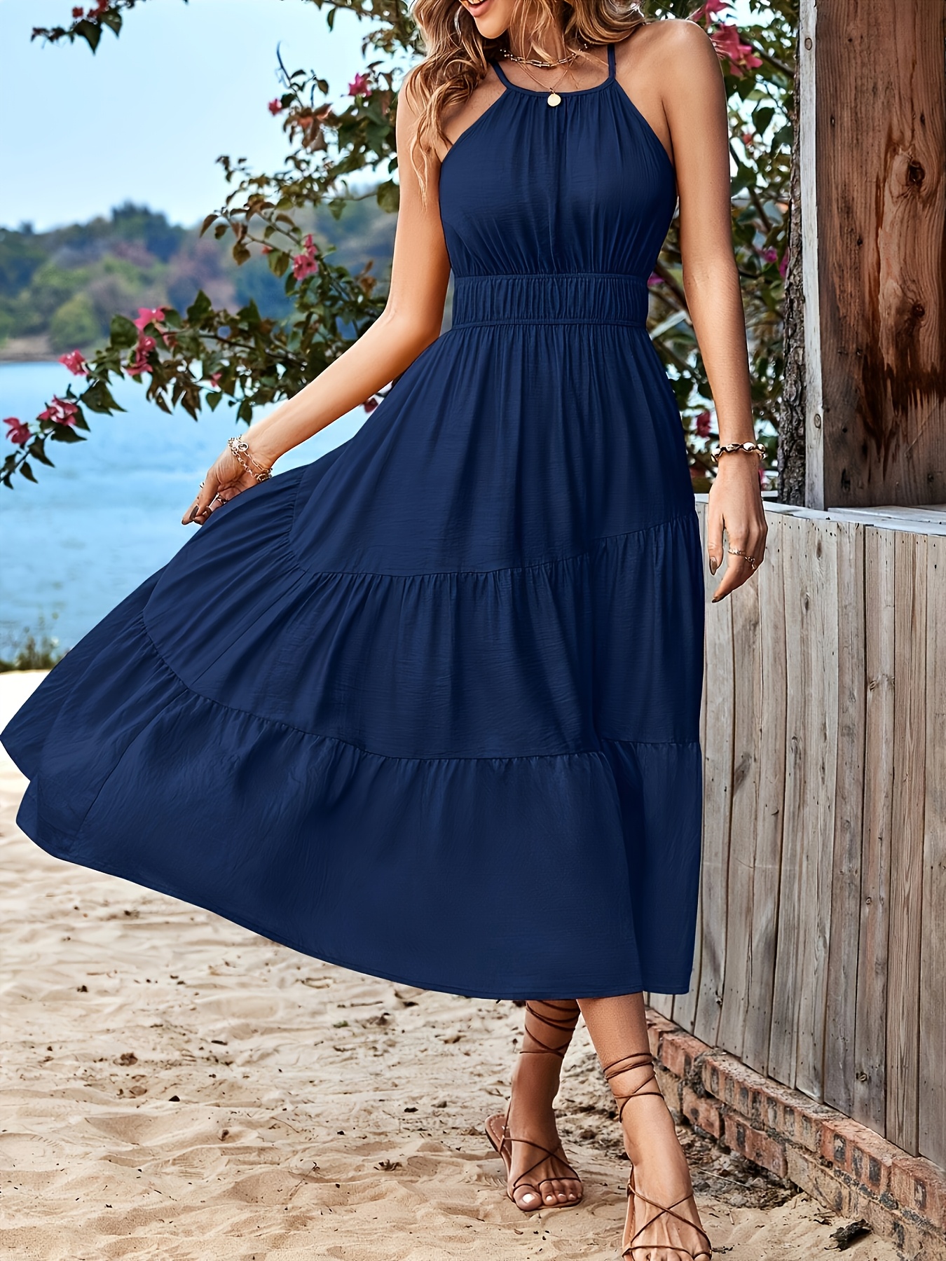 elegant navy blue maxi dress women sleeveless v neck cinched - Temu  Mauritius