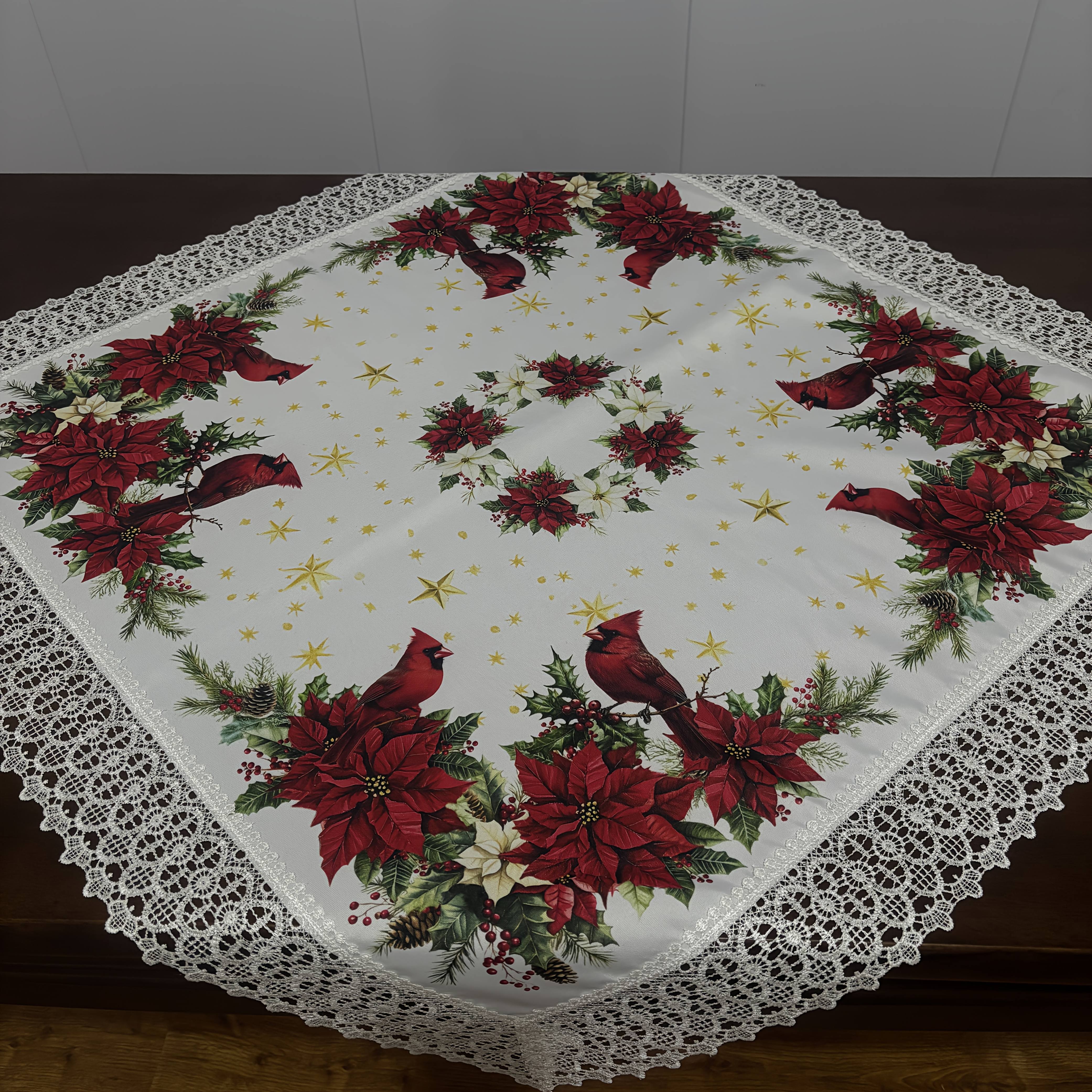 Image of White Lace Christmas Flower, Christmas Red Bird Print, Rectangular Table Runner, Christmas Decorative Cloth Tablecloth, Kitchen Restaurant, Party, Wedding Banquet (90x90cm)
