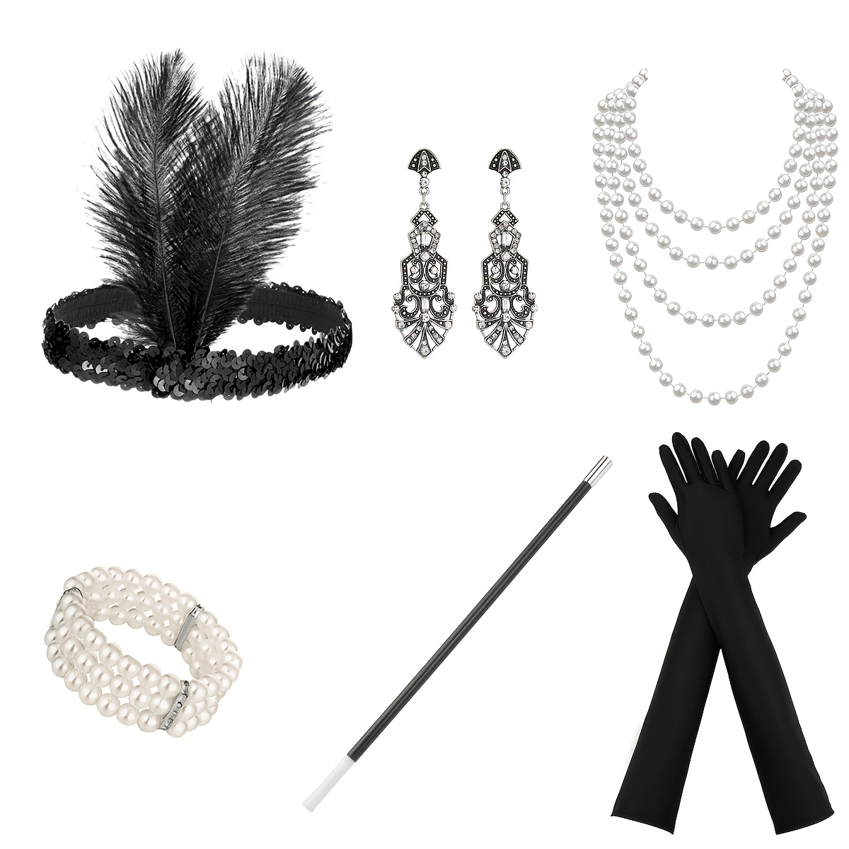 TEMU 6pcs 1920s Women's Costume And Accessory Set, Including A Flapper Headband, Earrings, Necklace, Gloves, Bracelet, And Props – Halloween,