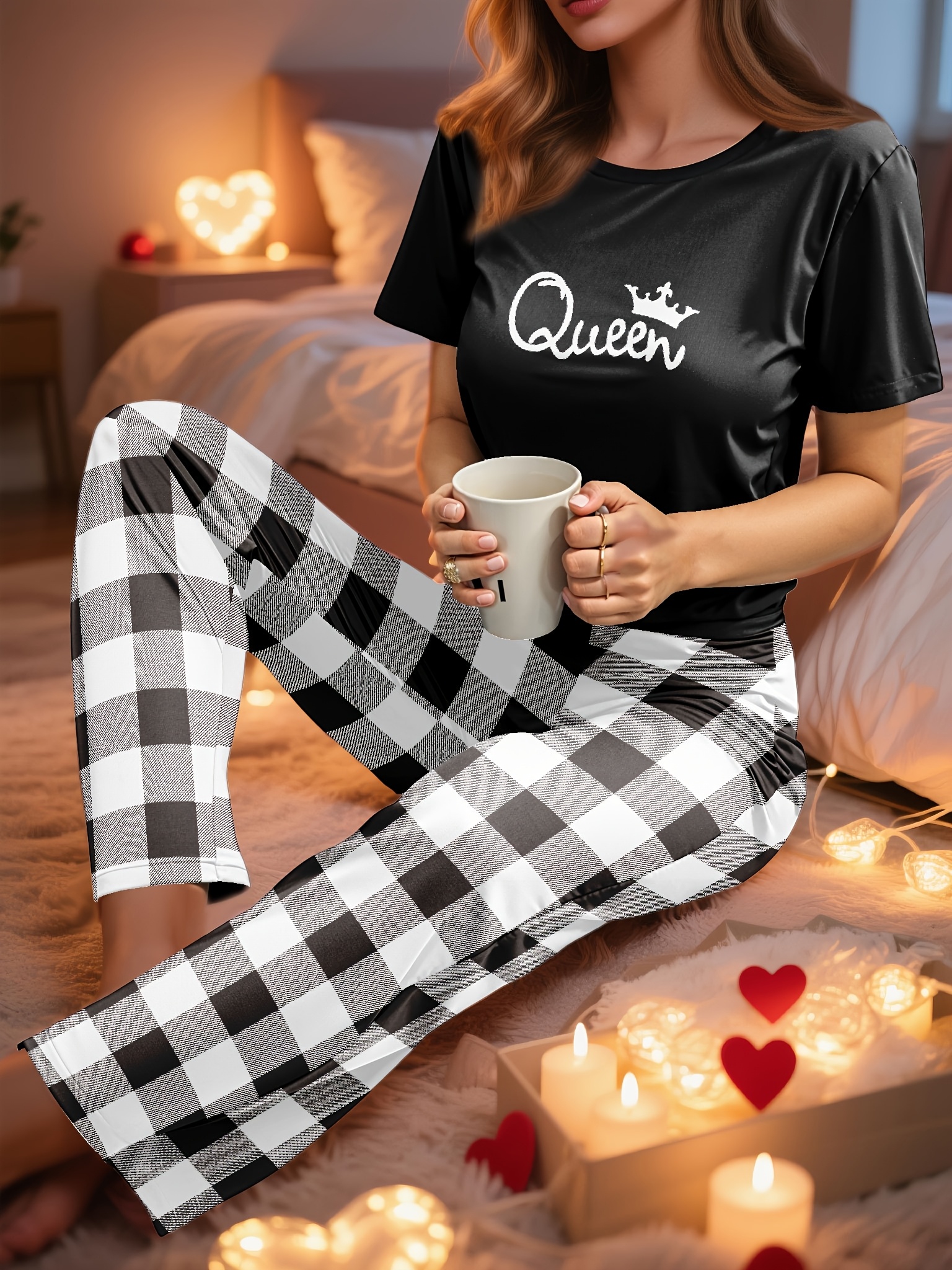 couples homewear set for men and women featuring stylish and comfortable designs this set   a short sleeve letter t shirt and plaid long pants   relaxing at home and suitable for cool weather womens 5