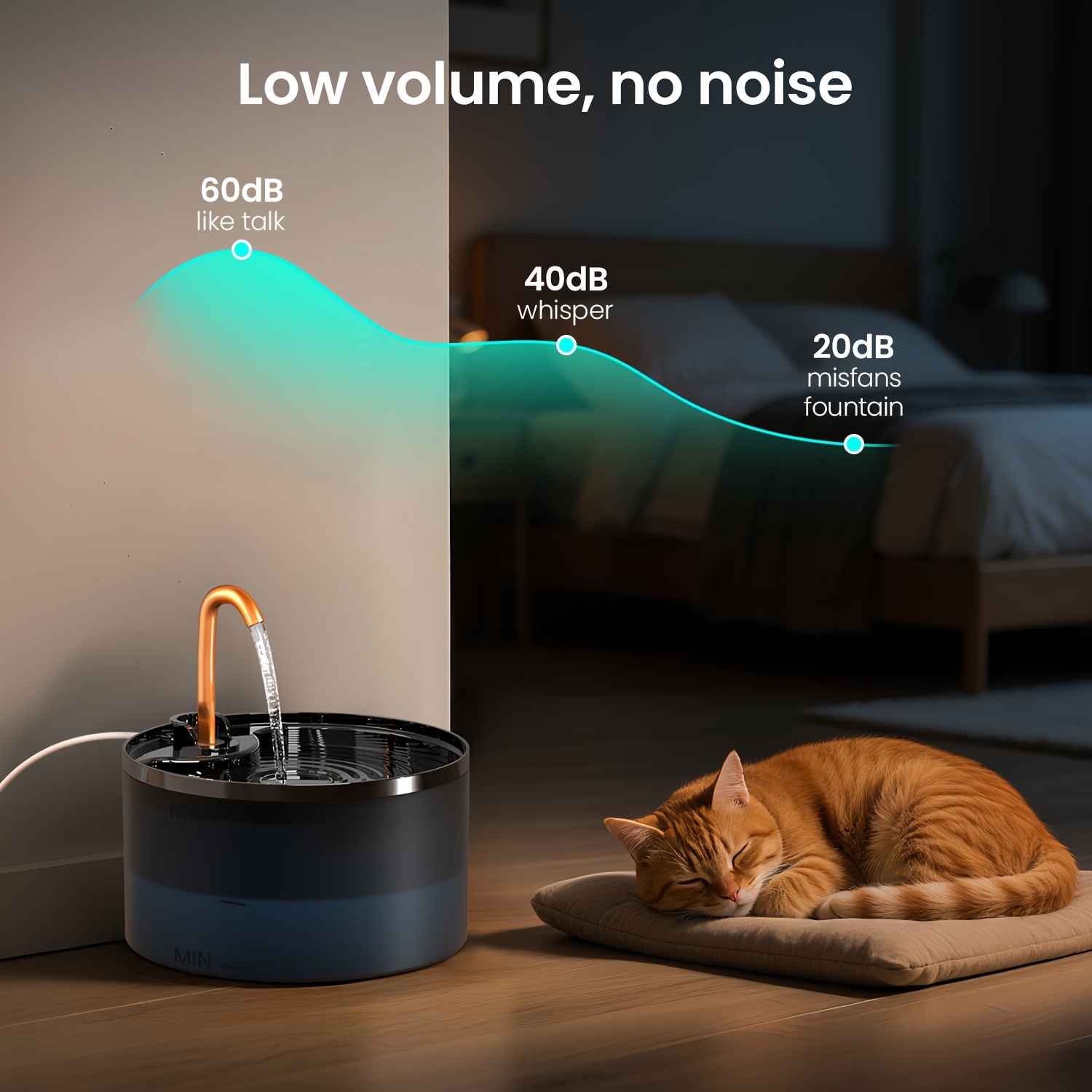 Fontaine à Eau pour Chat, 71oz/2.1L avec Robinet en Cuivre, Bol et Distributeur Automatique en Plastique avec 3 Filtres Remplaçables