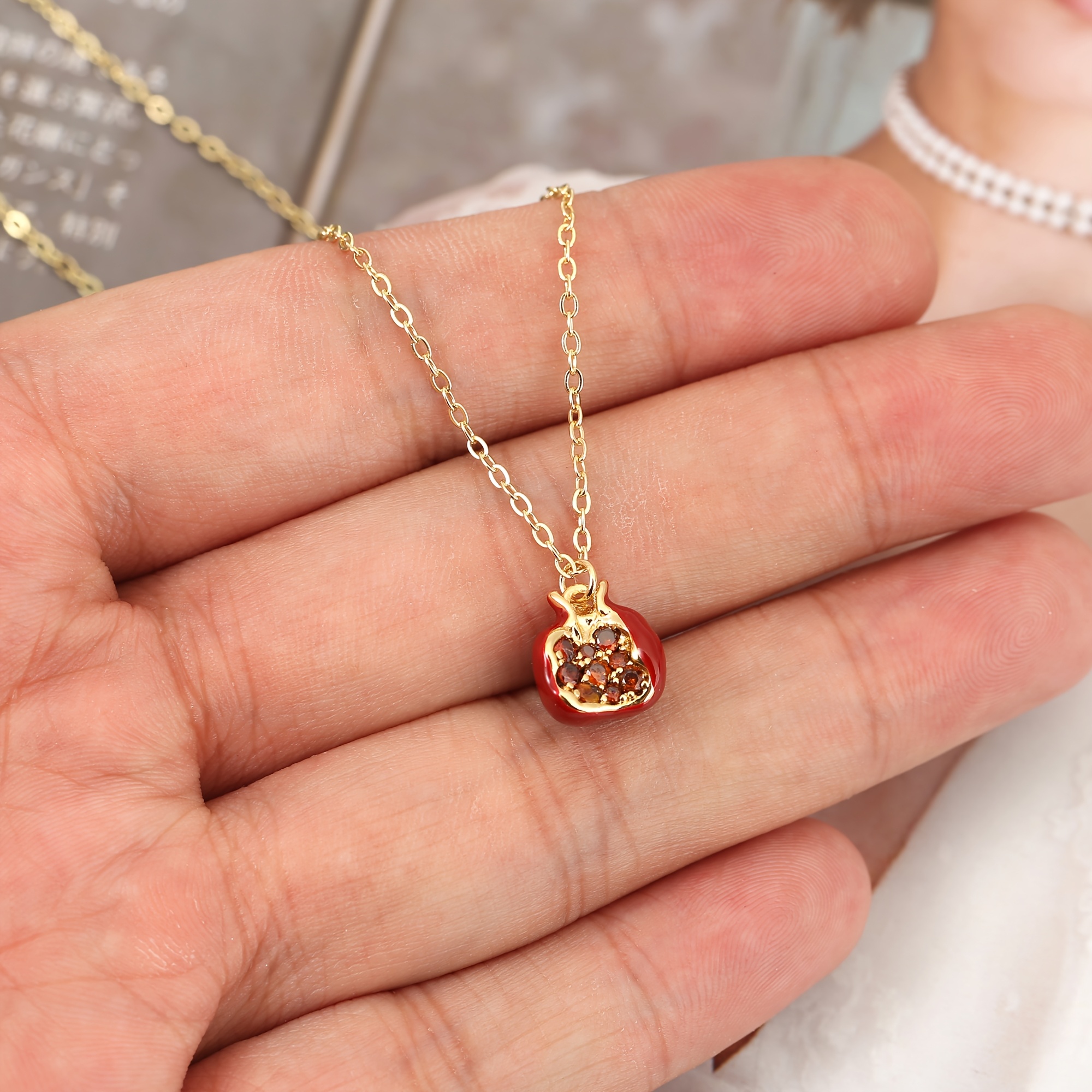 TEMU 1pc, European And - Copper Inlaid Synthetic Zirconia - Exquisite Pomegranate Pendant - Unisex Exquisite Necklace, Suitable For Daily Wear,