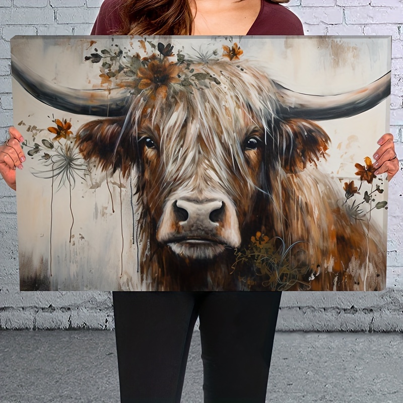 

1pc Wooden Framed Canvas Painting Highland Cow Wall Art Prints For Home Decoration, Living Room & Bedroom, Festival Party Decor, Gifts, Ready To Hang