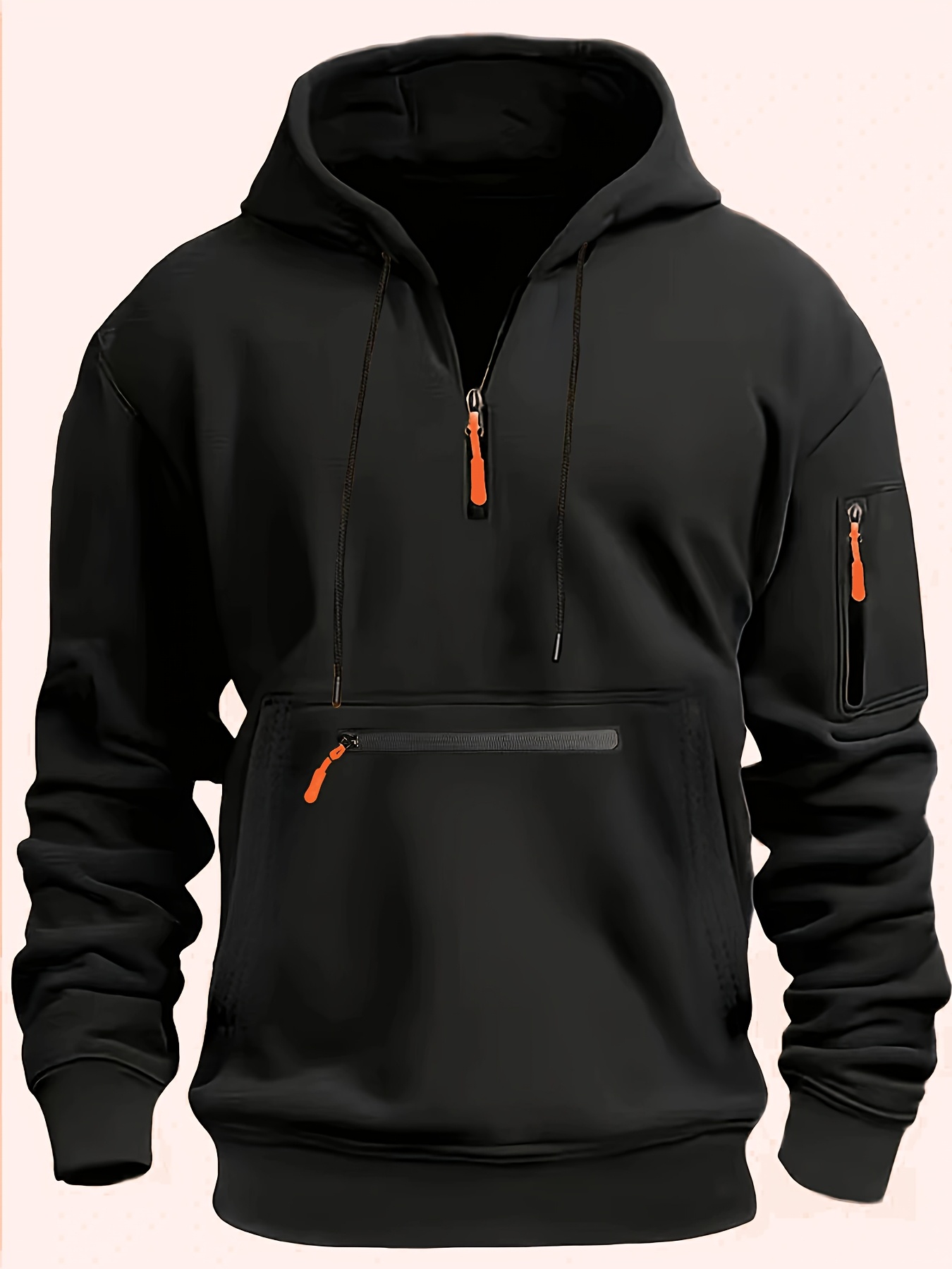 Men's Solid Color Hooded Long-sleeve Half Zip Sweatshirt with Kangaroo Pocket and Multiple Zips, Versatile Pullover for Sports Activities