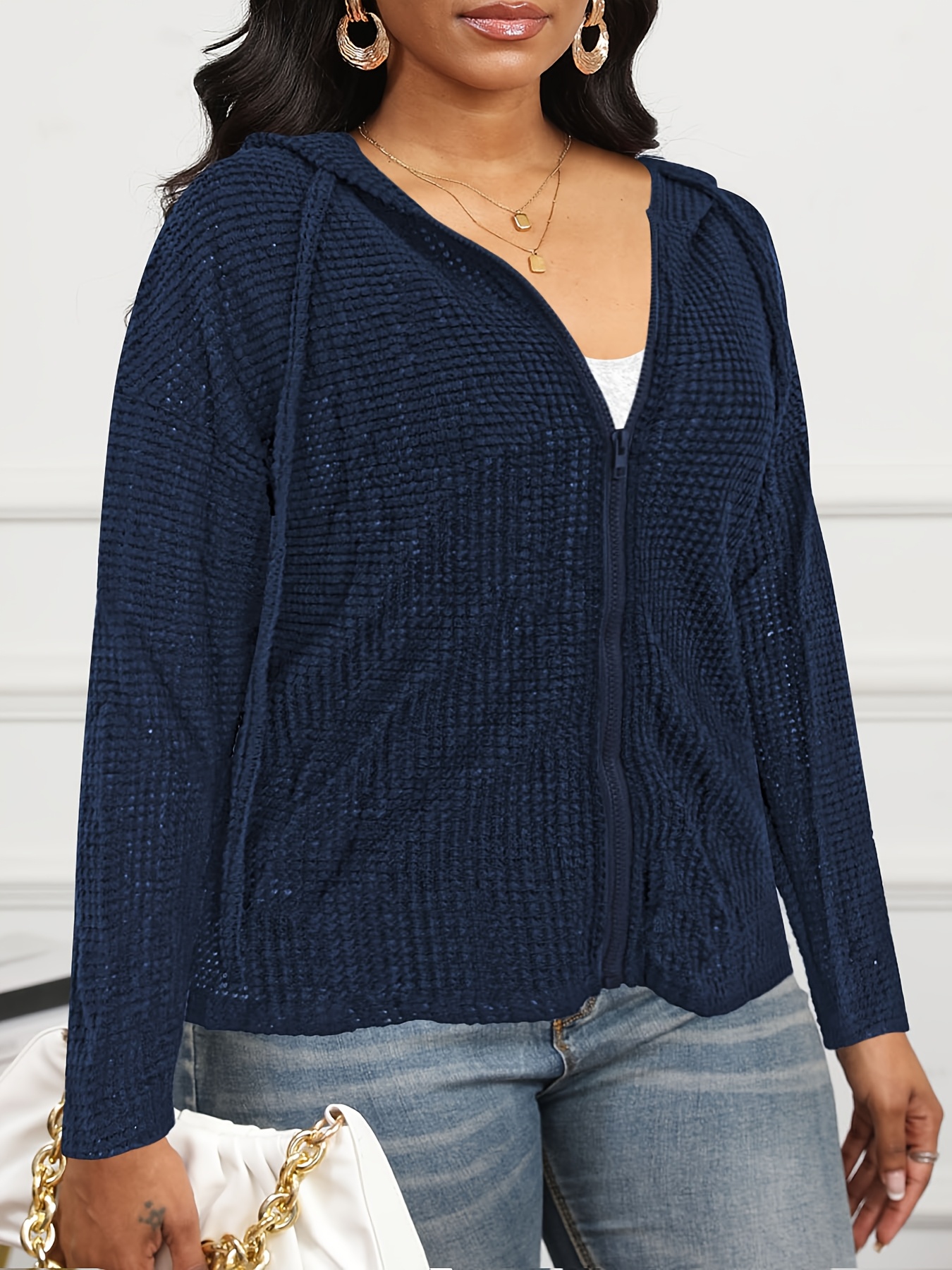 plus size women's elegant hooded zip cardigan solid color Temu Chile