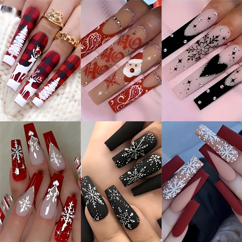 

144pcs Christmas Press-on Nails Set - Long With Santa, & Heart Designs, Matte , Full Coverage Fake Nails For Women And Girls