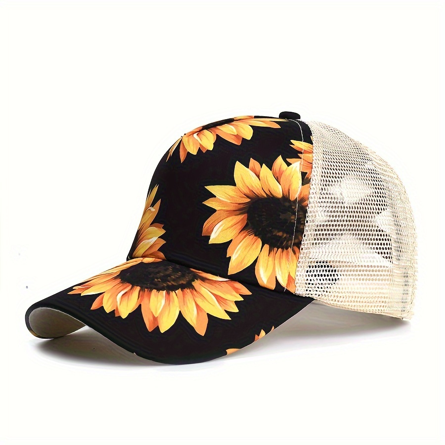 

Sunflower Print Cotton Trucker Hat With Criss-cross Elastic Band, Breathable Mesh Ponytail Baseball Cap, Adjustable Size Summer Outdoor Peaked Hat For Women