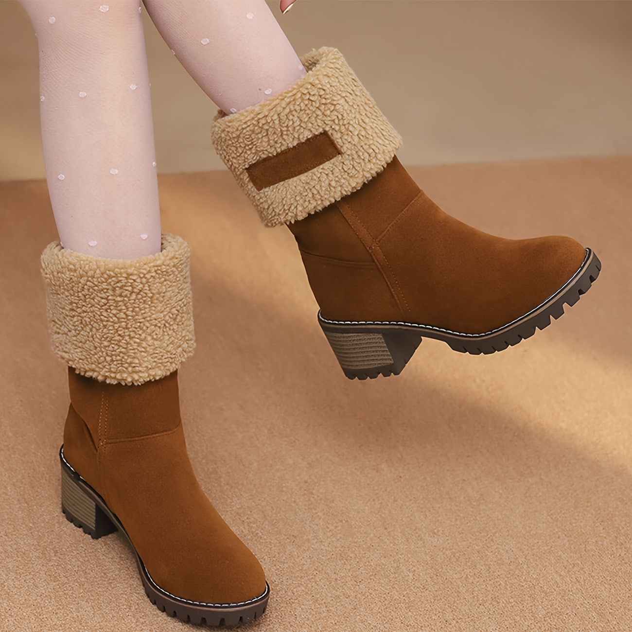 

Winter Boots For Women, Comfortable Slip On Mid Chunky Heel Suede Warm Snow Ankle Boots Outdoor Shoes