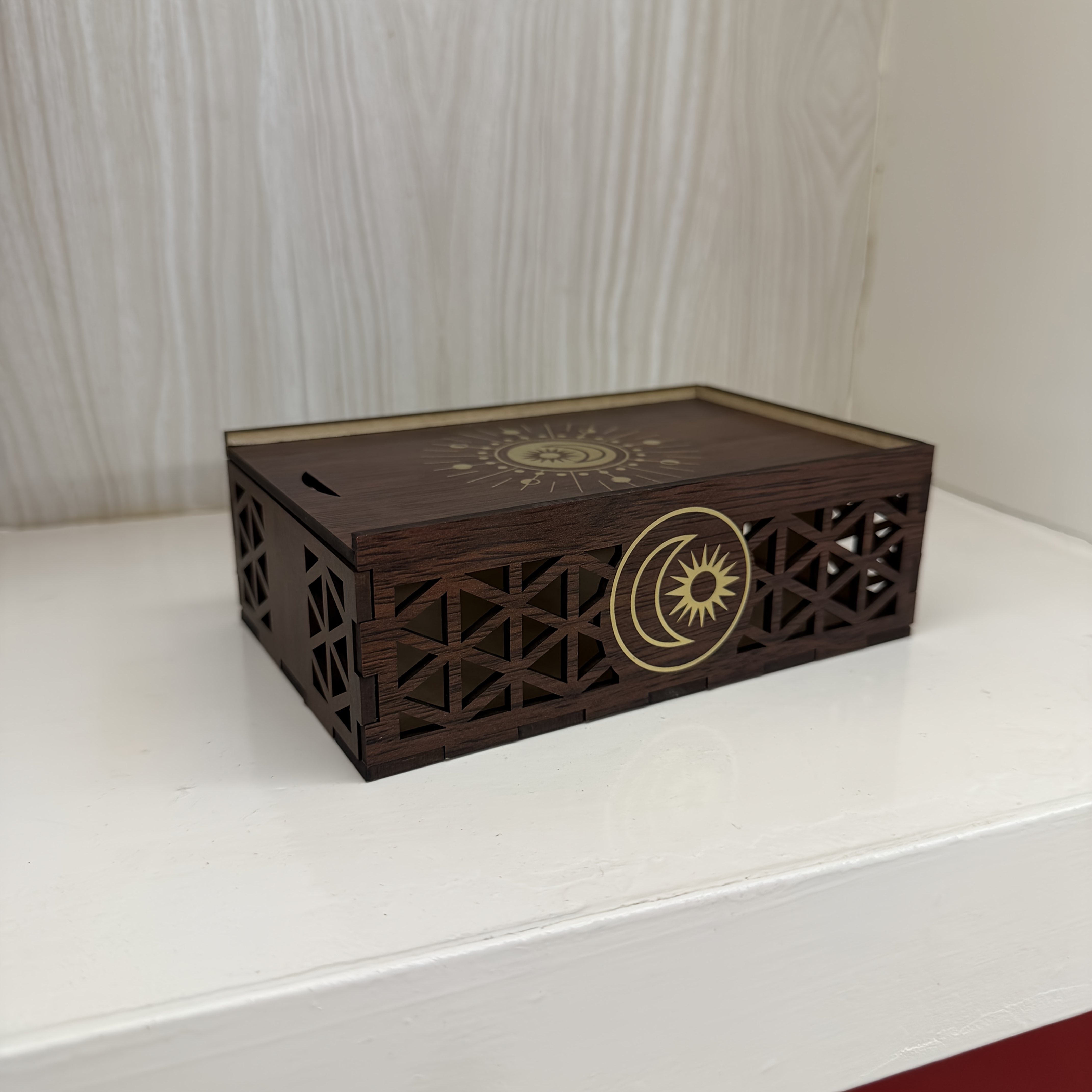 Star Sun Totem Wooden Storage Box, Retro Design