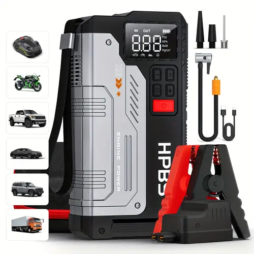 portable car jump starter with tire inflator for 8 0 6 5l diesel engines 12v battery charger with air compressor jumper cables for cars trucks motorcycles and lawnmowers tire machine portable battery charger versatile functionality