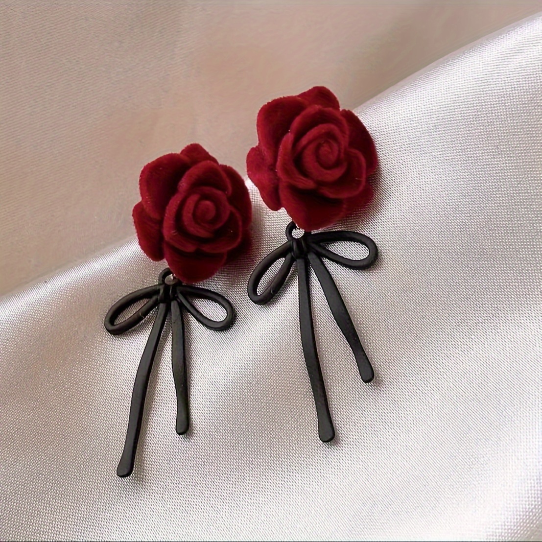TEMU A Pair Of New Year Autumn And Wedding Red Flocked Rose Black Drop Earrings Elegant Style Alloy Jewelry Fashion Women's Gifts