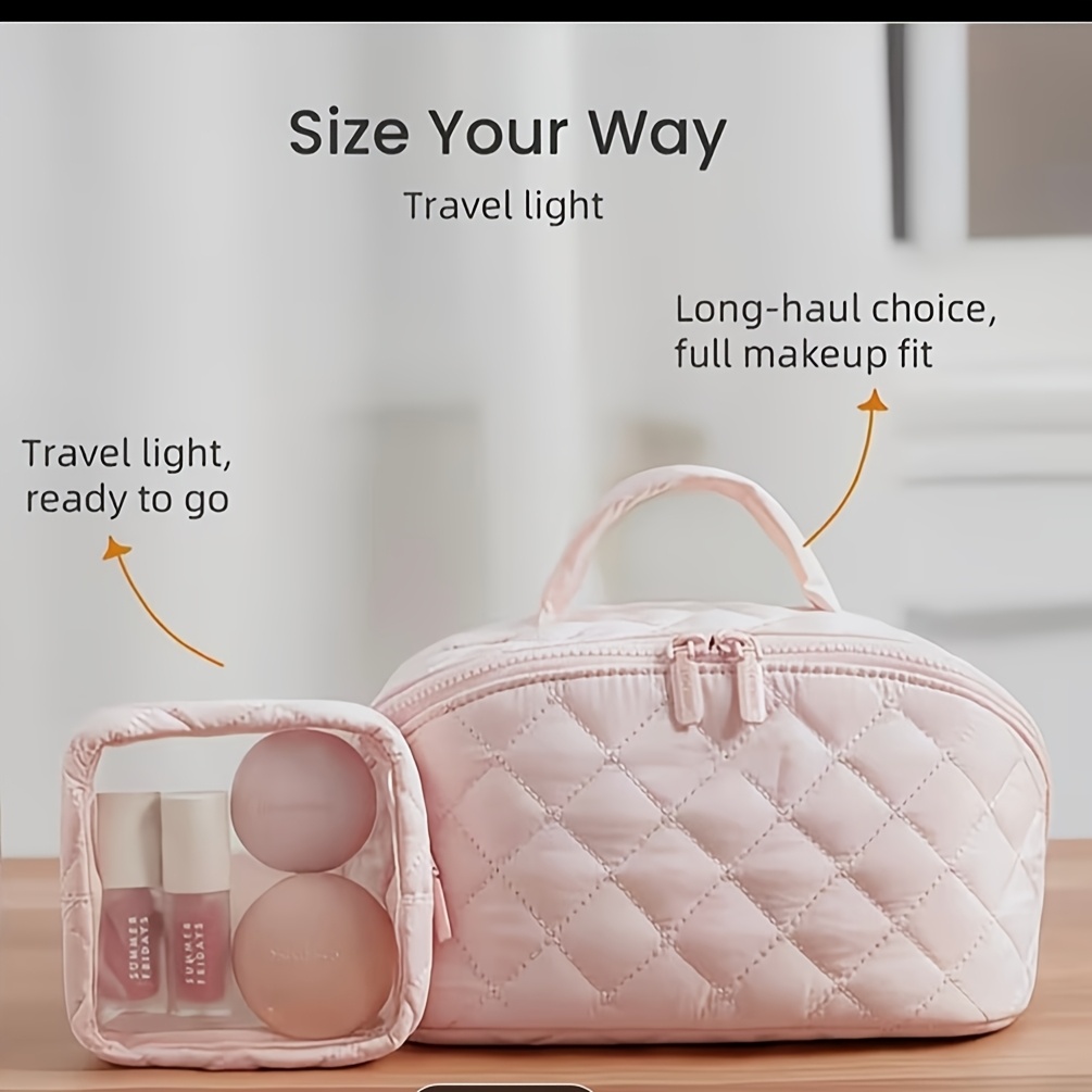 Large Capacity Quilted Makeup Bag for Women, Portable Travel Cosmetic Organizer Case, Lay-Flat Open Toiletry Pouch for Skincare Beauty Tools with Clear Pouch