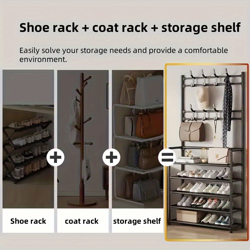   elegant black metal entryway organizer 60 xmj coat rack with hooks shoe shelves   alloy   finish for clothes hats bags umbrellas easy to assemble home storage solution details 3