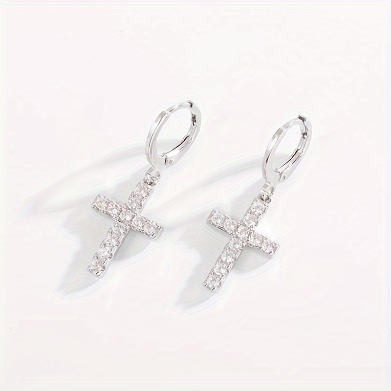 Pair Of Elegant And Delicate Small Cross Inlaid White Stone Pendant Earrings