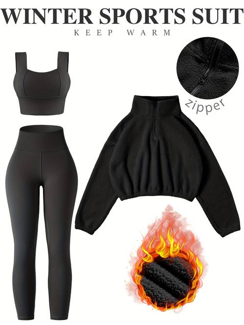 autumn and winter new yoga suit set for women double sided fleece jacket breathable quick dry wide strap vest removable padding bra running training fitness long pants outdoor casual sports three piece set without accessories