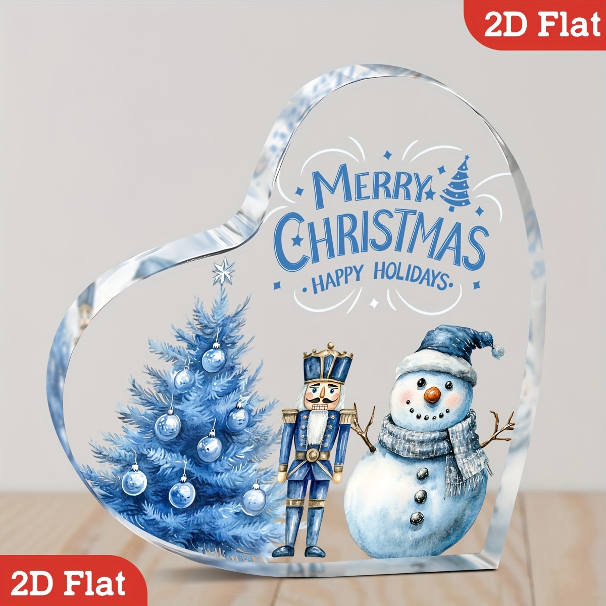 TEMU 1pc Christmas Acrylic Desk Paperweight, Heart-shaped Transparent Ornament - Fresh Pattern With Blue Christmas Tree, Nutcracker Soldier, And