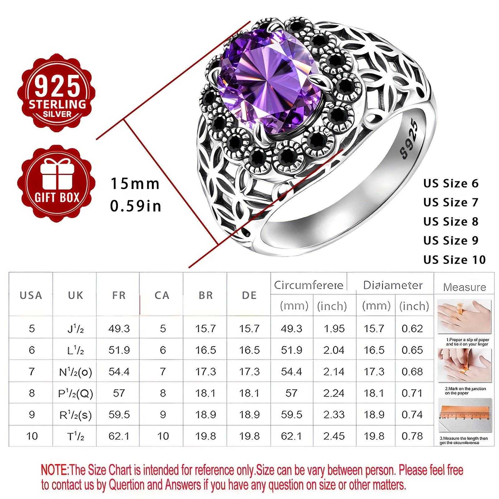 925 Silver Hollow Pattern Ring Vintage Purple Zirconia Jewelry Accessory