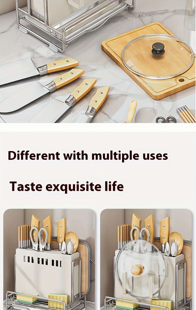 1pc modern stainless steel kitchen knife block with drain tray multifunctional cutlery organizer countertop utensil holder with storage rack details 7